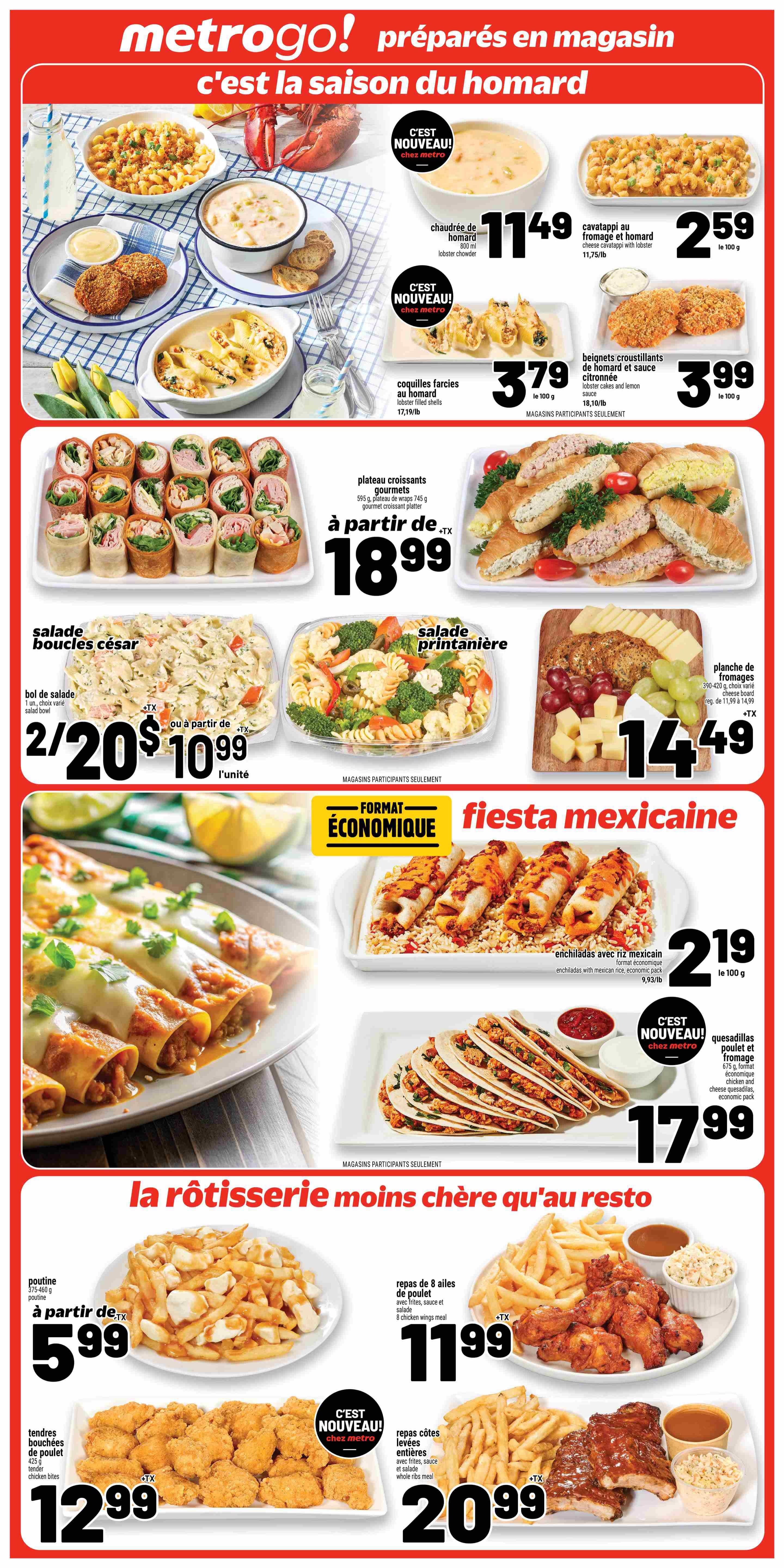 Metro weekly flyer specials page 14, featuring seafood and prepared meals. Highlights include new lobster chowder for $11.49, lobster filled shells for $3.79, and lobster cakes and lemon sauce for $3.99. Also featured are cheese cavatappi with lobster for $2.59 per 100g, and a gourmet croissant platter starting at $18.99. The page also showcases a Caesar salad bowl for 2 for $20 or $10.99 each, and a spring garden salad for $14.49. The 'Fiesta Mexicana' section offers enchiladas with Mexican rice for $2.19 per 100g and chicken and cheese quesadillas for $17.99. The 'Rotisserie' section includes poutine starting at $5.99, 8 chicken wing meals for $11.99, chicken bites for $12.99, and whole rib meals for $20.99.