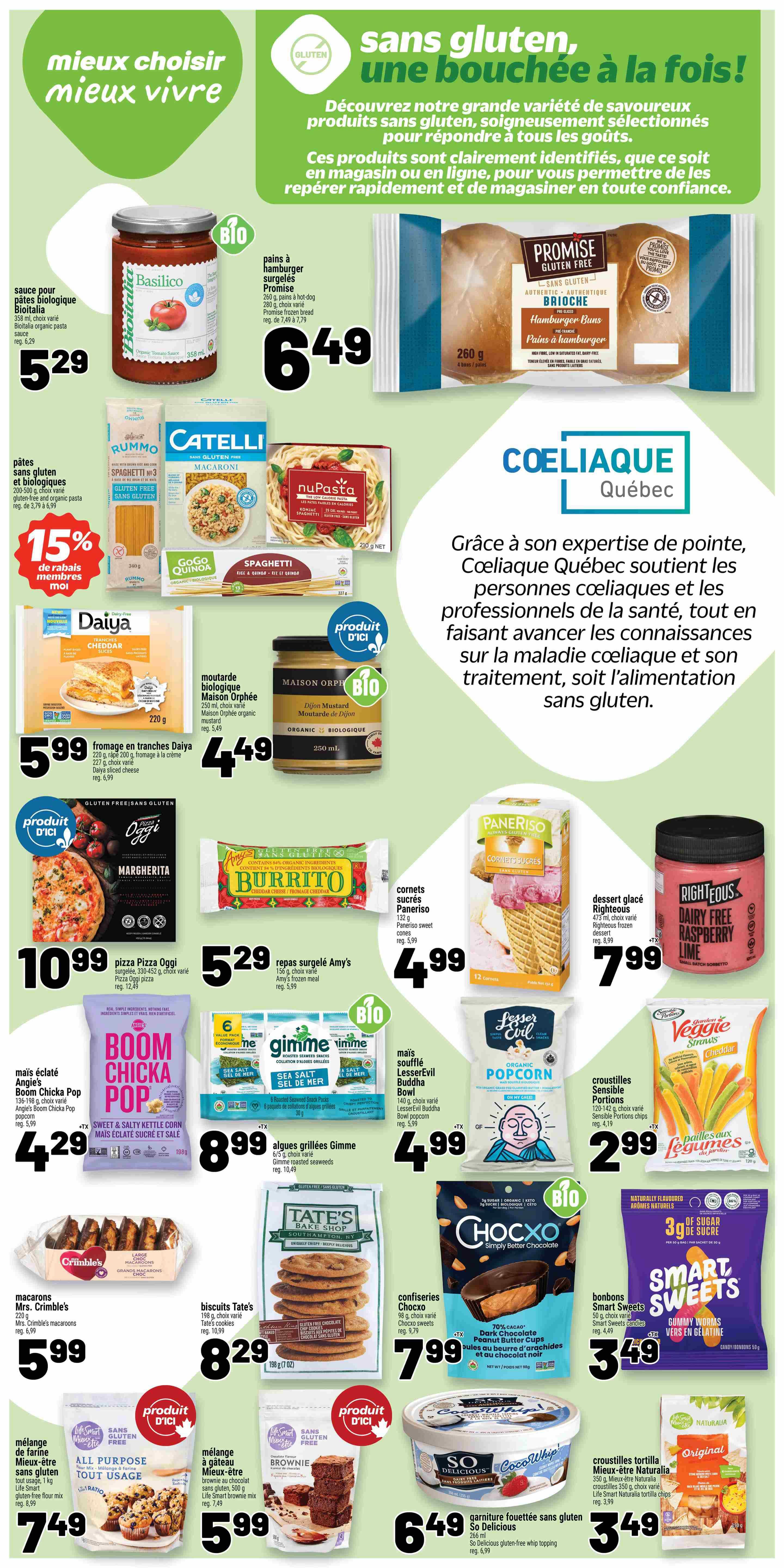 Metro Quebec weekly flyer specials page 20, featuring a large selection of gluten-free products. Highlights include Bioitalia Basilico organic tomato sauce for $5.29, Promise gluten-free hamburger buns for $6.49, and Catelli, Rummo, and nuPasta gluten-free pastas starting at $3.79. Daiya sliced cheese is $5.99, and Maison Orphée organic Dijon mustard is $4.49. Frozen gluten-free options include Oggi Margherita pizza for $10.99 and Amy's Burrito for $5.29. Snacks and treats include Angies Boom Chicka Pop popcorn for $4.29, Gimme roasted seaweed snacks for $8.99, LesserEvil Buddha Bowl organic popcorn for $4.99, Paneriso sweet cones for $4.99, Righteous Dairy Free Raspberry Lime dessert for $7.99, Chocxo dark chocolate peanut butter cups for $7.99, Smart Sweets gummy worms for $3.49, Mrs. Crimble's macarons for $5.99, Tate's Bake Shop gluten-free cookies for $8.29, Mieux-être gluten-free flour mix for $7.49, Mieux-être gluten-free brownie mix for $5.99, So Delicious Coco Whip topping for $6.49, and Mieux-être Life Smart Natura tortilla chips for $3.49.49. The page also features information about Coeliaque Quebec and their support for the celiac community.