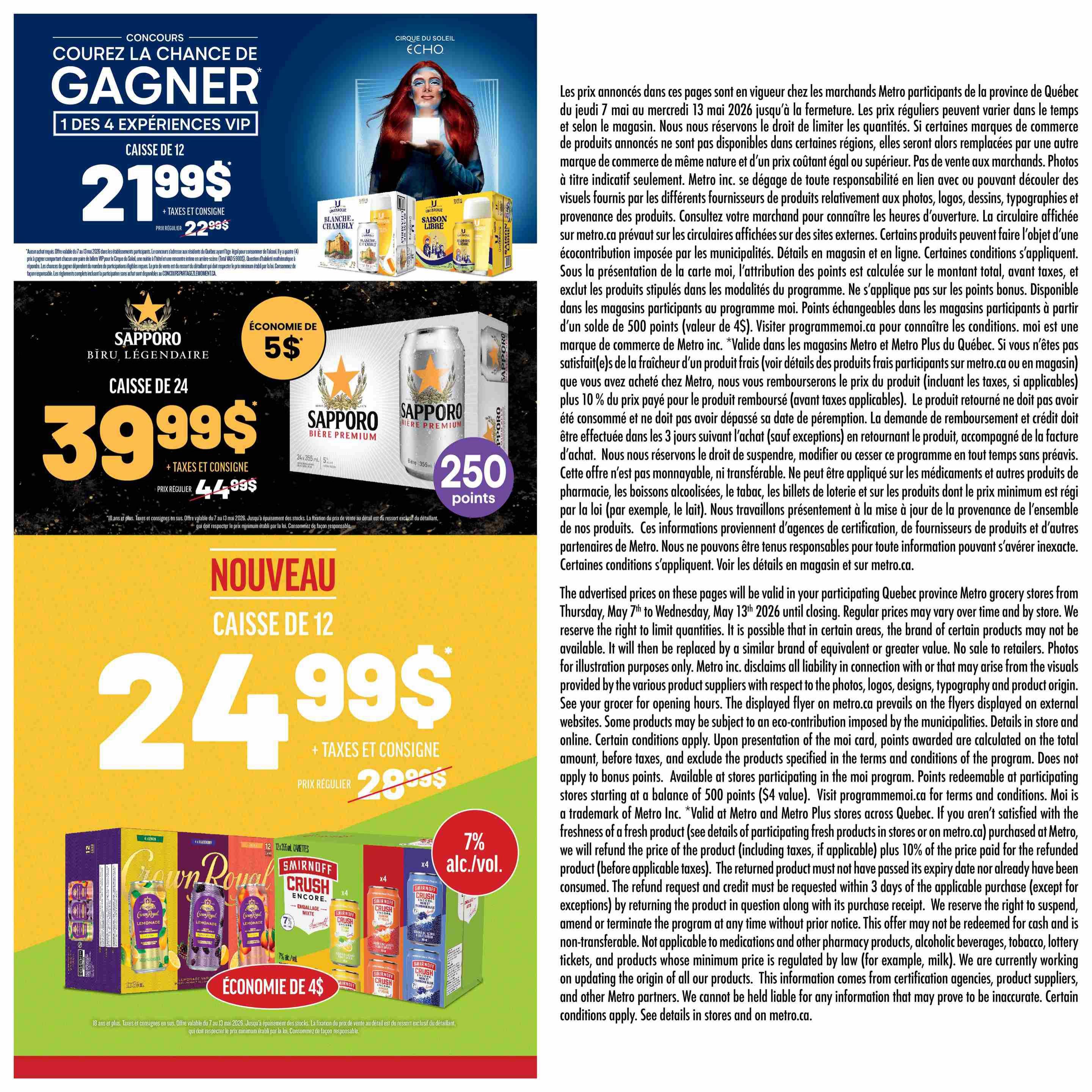 Metro Quebec weekly flyer specials page 22 features a contest to win one of 4 VIP experiences. A 12-pack of beer is on sale for $21.99 plus taxes and deposit, with a regular price of $22.99. Sapporo Premium Beer, legendary, is available in a 24-pack for $39.99 plus taxes and deposit, with a regular price of $44.99, and includes 250 bonus points. Also featured is a new 12-pack of Crown Royal and Smirnoff Crush for $24.99 plus taxes and deposit, with a regular price of $28.99. The Crown Royal and Smirnoff Crush 12-packs offer a $4 saving. The flyer is valid from May 7 to May 13, 2026. Legal disclaimers regarding prices, product availability, and contest rules are provided in English and French.