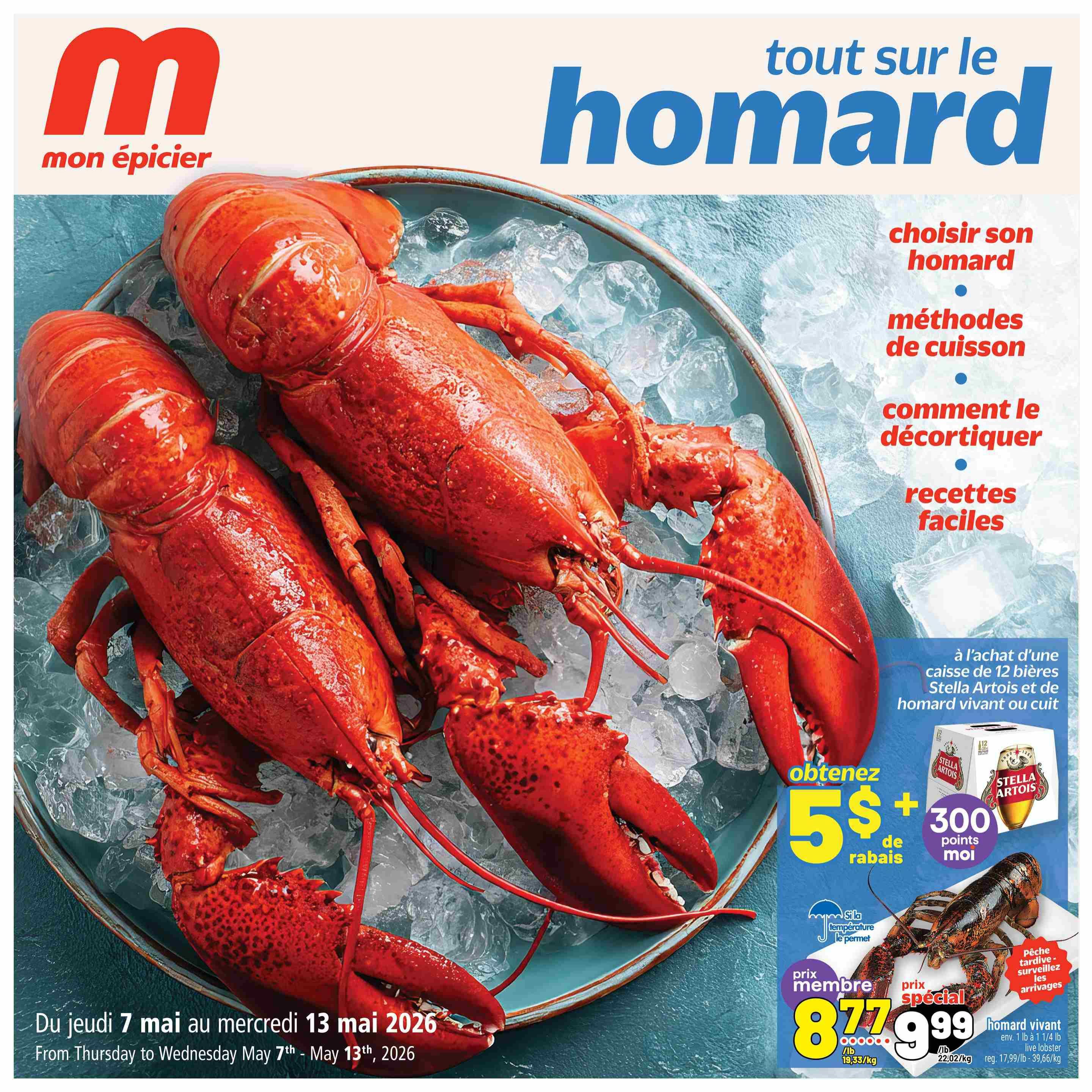 Metro weekly flyer specials page 23, featuring 'Everything about lobster' with vibrant images of lobsters on ice. Offers include $5 off when you buy a case of 12 Stella Artois beers and live or cooked lobster, plus 300 loyalty points. Special member price for live lobster is $8.77/lb (19.33/kg), and the special price is $9.99/lb (22.02/kg). The flyer is valid from Thursday, May 7th to Wednesday, May 13th, 2026.