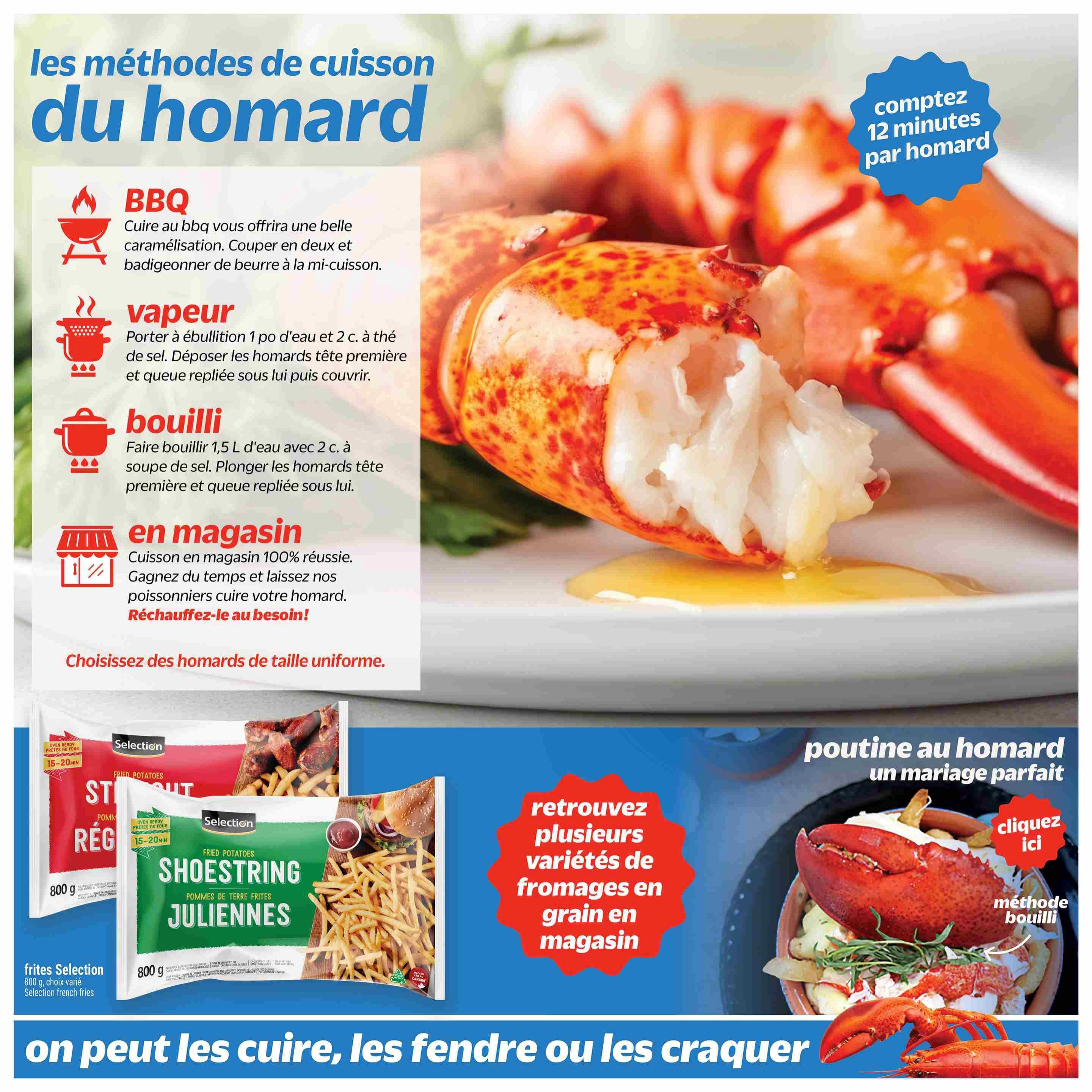 Metro Quebec weekly flyer specials, page 25. This page features lobster cooking methods including BBQ, steam, and boil, with a note that it takes 12 minutes per lobster. It also highlights in-store cooking for 100% success and suggests choosing uniform-sized lobsters. Featured products include Selection Shoestring Julienne French Fries (800g) and another variety of Selection French Fries (800g). The page also promotes lobster poutine as a perfect pairing and mentions finding various types of cheese curds in-store. The bottom text reads 'we can cook them, freeze them or crack them'.