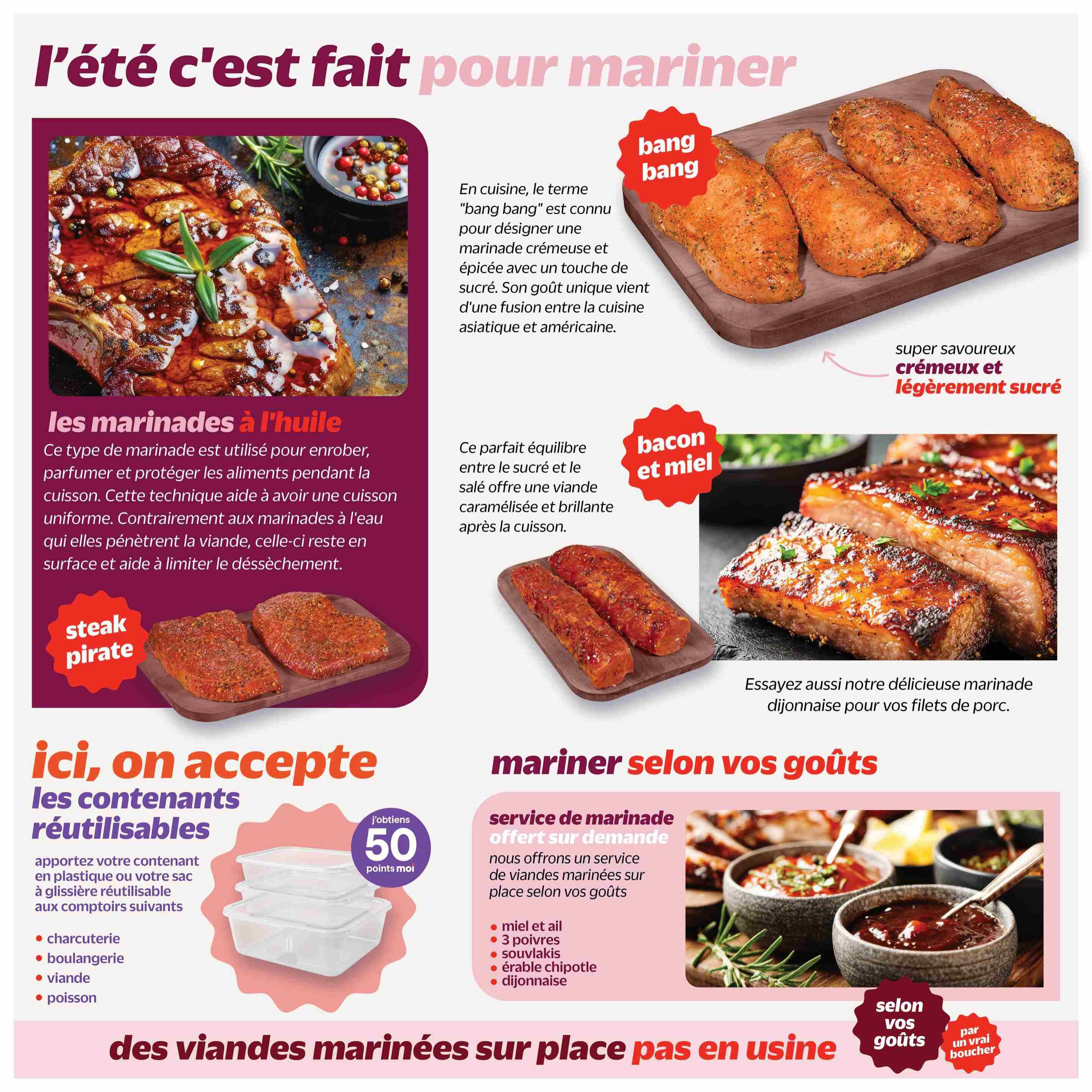 Metro Quebec weekly flyer specials, page 29. This page is about marinades for summer grilling. It features oil-based marinades for coating, flavouring, and protecting food during cooking, preventing drying out. Pictured are 'Steak Pirate' marinated steaks. Also highlighted is 'Bang Bang' marinade, described as creamy, spicy, and sweet, with an Asian-American fusion flavour, shown on chicken breasts. Another option is 'Bacon and Honey' marinade, which creates a caramelized and shiny finish on pork ribs, with a suggestion to try the 'Dijon' marinade for pork fillets. The page also promotes a 'Marinate to Your Taste' service for custom marinades, with options including honey-garlic, three-peppercorn, maple chipotle, and Dijon. Customers can bring their own reusable containers (plastic or bags) for deli, bakery, meat, and fish purchases and earn 50 points. The page emphasizes 'Marinated Meats Made Fresh, Not Factory-Made.