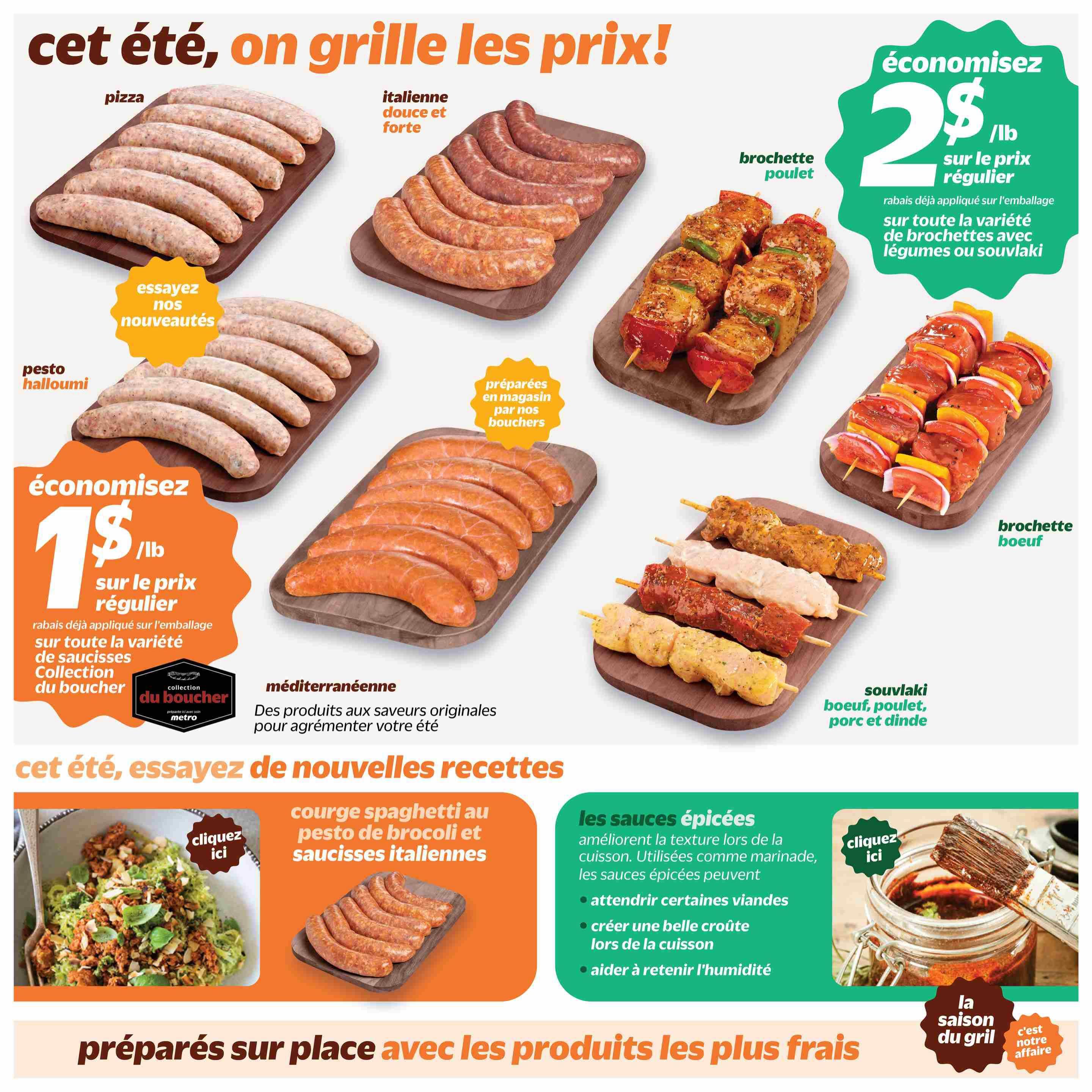 Metro weekly flyer specials page 30, featuring grilling items. Save $2/lb on all varieties of chicken skewers with vegetables or souvlaki, and beef, chicken, pork, and turkey souvlaki. Save $1/lb on all varieties of sausages from the butcher's collection. Pictured are pizza sausages, Italian sweet and hot sausages, pesto halloumi sausages, chicken skewers, beef skewers, and souvlaki skewers. Also featured are Mediterranean products to enhance your summer grilling, and a recipe for spaghetti squash with broccoli and Italian sausages. A section on spicy sauces for marinades and grilling is also included, with a call to action to click for more details on sauces and fresh, in-store prepared items.
