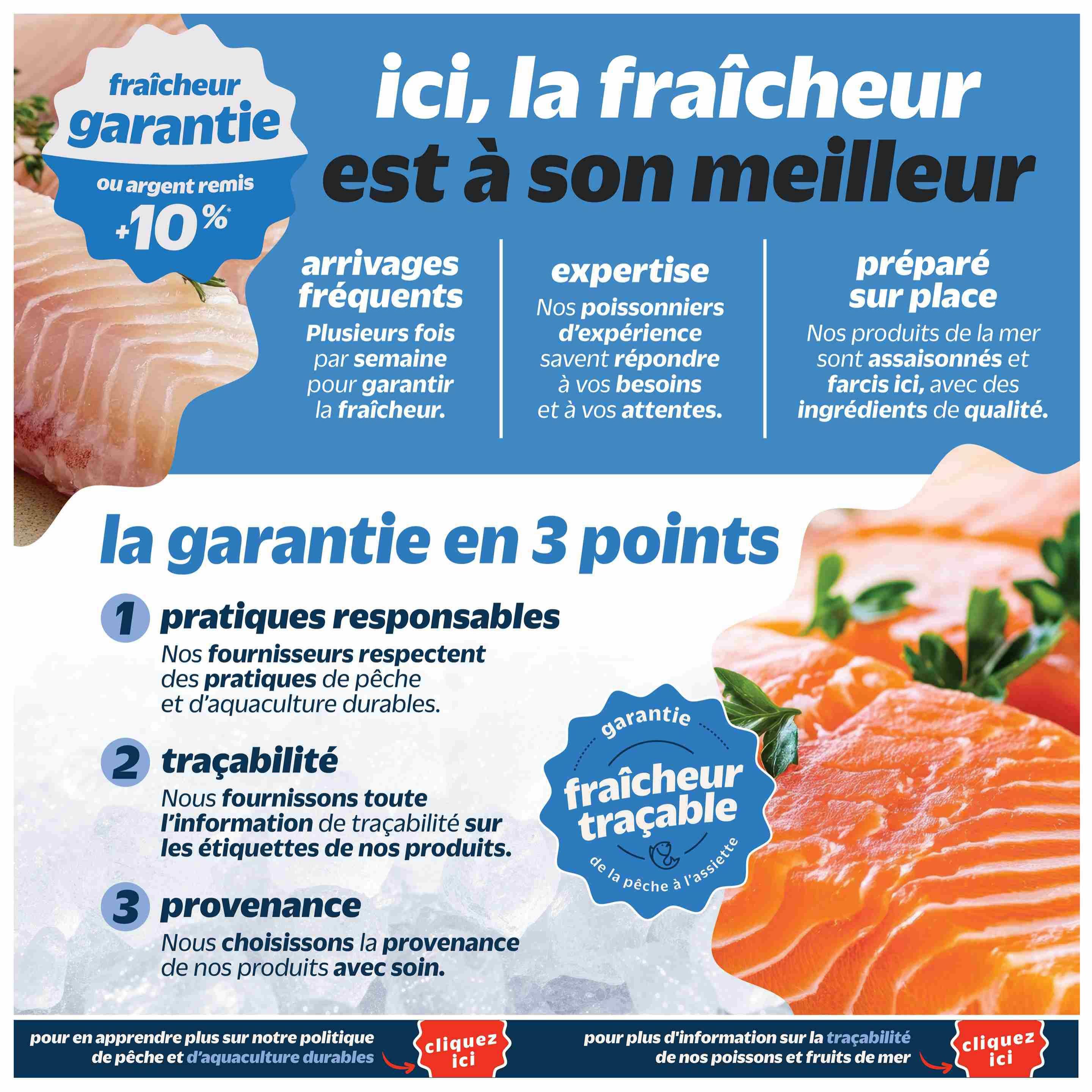 Metro flyer page 34 highlights freshness guarantee with 10% money back offer. Features include frequent arrivals, expert fishmongers, and products prepared on-site with quality ingredients. The guarantee is explained in 3 points: responsible practices, traceability, and provenance. Information is available on sustainable fishing and aquaculture policies, and on the traceability of fish and seafood products.