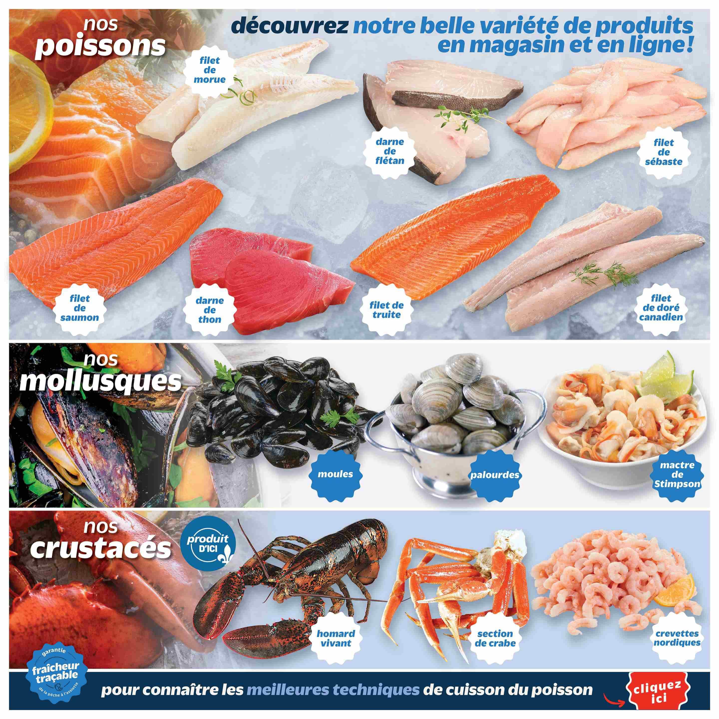 Metro Quebec weekly flyer specials, page 35, featuring a wide variety of seafood. Discover our fish selection including salmon fillet, tuna steaks, cod fillet, halibut steaks, trout fillet, and Canadian doré fillet. Explore our shellfish options with mussels, clams, and Stimpson surf clams. Browse our crustacean offerings with live lobster, crab sections, and northern shrimp. The page also highlights a guarantee of traceable freshness from fishing to plate and a call to action to click for the best fish cooking techniques.