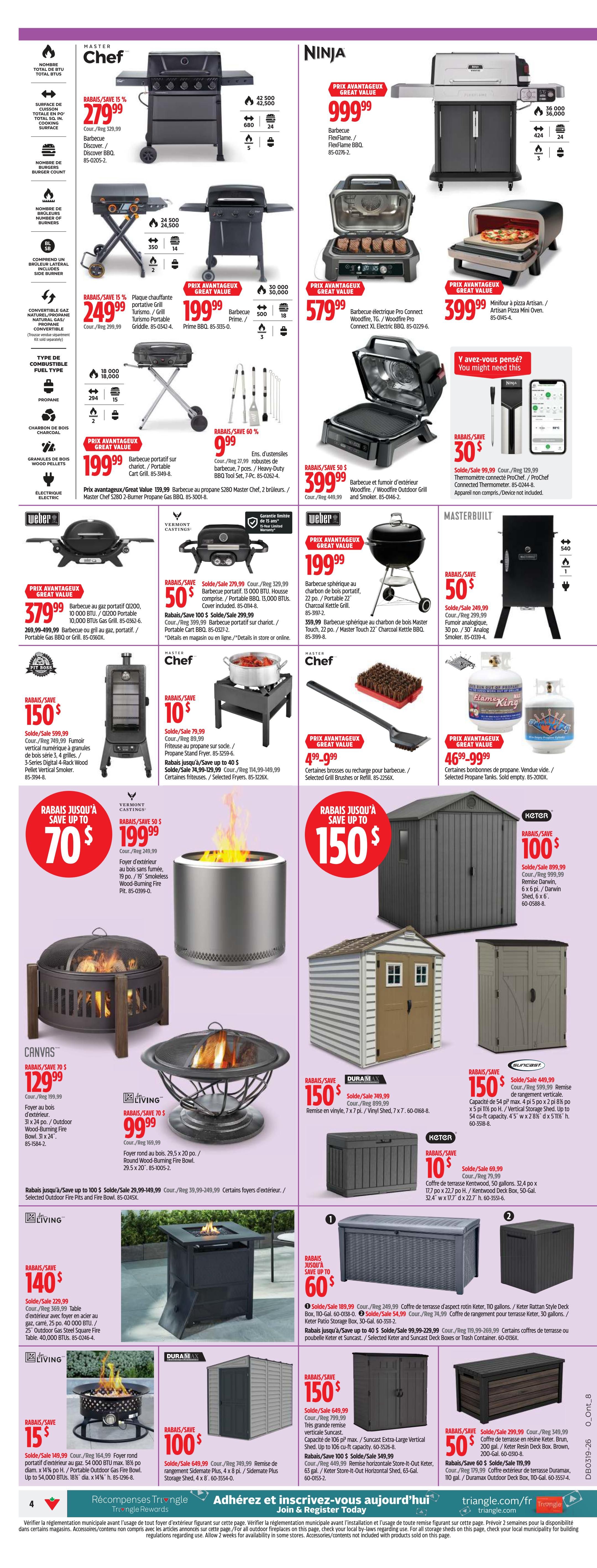 Page 4 of the Canadian Tire flyer features a wide selection of outdoor living and storage solutions. Top brands like Master Chef, Ninja, Weber, Vermont Castings, Keter, Duramax, and Suncast are showcased. Grills include the Master Chef 279.99, Ninja FlexFlame 999.99, and Ninja Portable 579.99. Outdoor fire pits and accessories are also featured, such as the Vermont Castings Smokeless Wood-Burning Fire Pit for 199.99, Canvas Outdoor Wood-Burning Fire Bowl for 129.99, and Living Round Wood-Burning Fire Bowl for 99.99. Storage solutions include Keter Rattan Storage Boxes starting at 60.99, Duramax Vinyl Sheds for 150.00, and Suncast Storage Sheds up to 150.00. Other items include Master Chef Propane Tanks for 46.99, Master Chef Smoker for 199.99, and various BBQ accessories. Savings of up to 70% are highlighted on select items.