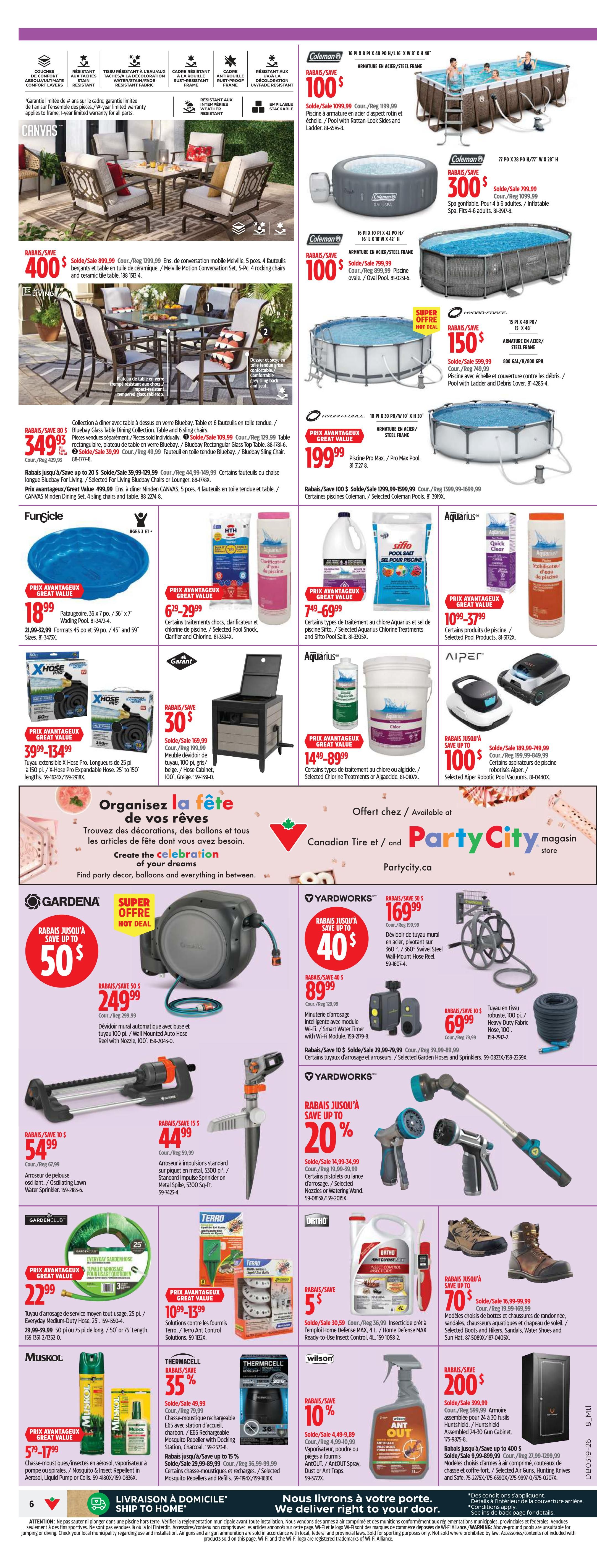 Canadian Tire Weekly Flyer Specials, Page 6. Features a Melville 5-piece conversation set on sale for $400, originally $1299.99. Also available is a Bluebay rectangular glass top table for $109.99 and a Bluebay sling chair for $39.99. Inflatable pools are featured: a 10ft x 30in pool for $100 (save $100), a 14ft x 42in pool for $199.99 (save $100), and a 16ft x 48in pool for $150 (save $150). Other items include a Furysicle wading pool for $18.99, HTH pool shock, clarifier, and chlorine treatments starting at $6.29, Aquarius pool treatments and salt starting at $7.49, and X-Hose Pro expandable hoses for $39.99-$134.99. A GarDenia automatic hose reel is on sale for $50 off, priced at $249.99. Also featured are a Gardena oscillating lawn sprinkler for $54.99 and an impulse sprinkler for $44.99. Yardworks offers a 360° swivel wall-mount hose reel for $169.99 (save $30), a smart water timer for $89.99, and heavy-duty fabric hose for $69.99. Yardworks also has spray guns and nozzles on sale with savings up to 20%. Terro ant control solutions are $10.99-$13.99. Ortho Home Defense insect spray is $5. Muskol insect repellent is $5.79-$17.99. Thermacell mosquito repellents and refills are 35% off. Wilson Ant Out spray is 10% off. Finally, a 24-30 gun security cabinet is on sale for $200 off, priced at $399.99.