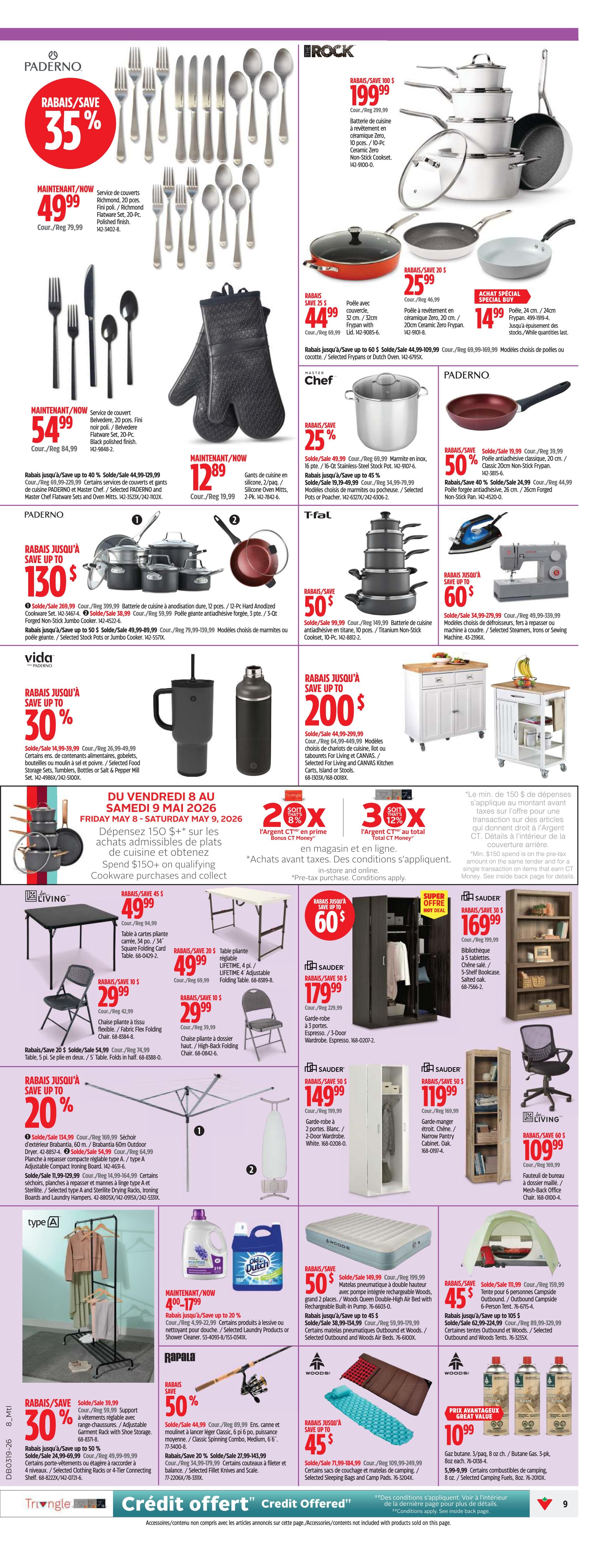 Canadian Tire weekly flyer specials page 9. Features a 35% discount on Paderno cutlery sets, with a 10-piece Richmond flatware set now $49.99. Also available are Paderno oven mitts for $12.89. Brock offers a 10-piece ceramic cookware set for $199.99 and a 20cm non-stick frypan for $25.99. T-fal has a 12-piece anodized cookware set on sale for $130 off, priced at $199.99, and a 26cm non-stick frypan for $24.99. Vida offers a large insulated tumbler for $29.99 with a 30% discount. A special offer includes a $200 discount on select Living and CANVAS kitchen carts. Living brand offers a 34-inch square folding card table for $49.99 and a 4-piece adjustable folding table for $49.99. Sauder furniture includes a 3-door espresso wardrobe for $179.99 and a 2-door white wardrobe for $149.99. A 5-shelf bookcase is $169.99. Also featured are a 2-door narrow pantry cabinet for $119.99 and a desk chair for $109.99. A 60-inch adjustable garment rack is $54.99. Laundry detergent and fabric softener are on sale. Rapala fishing rods and reels are 50% off. Woods offers sleeping bags and camp pads for 45% off. A propane tank is priced at $10.99.