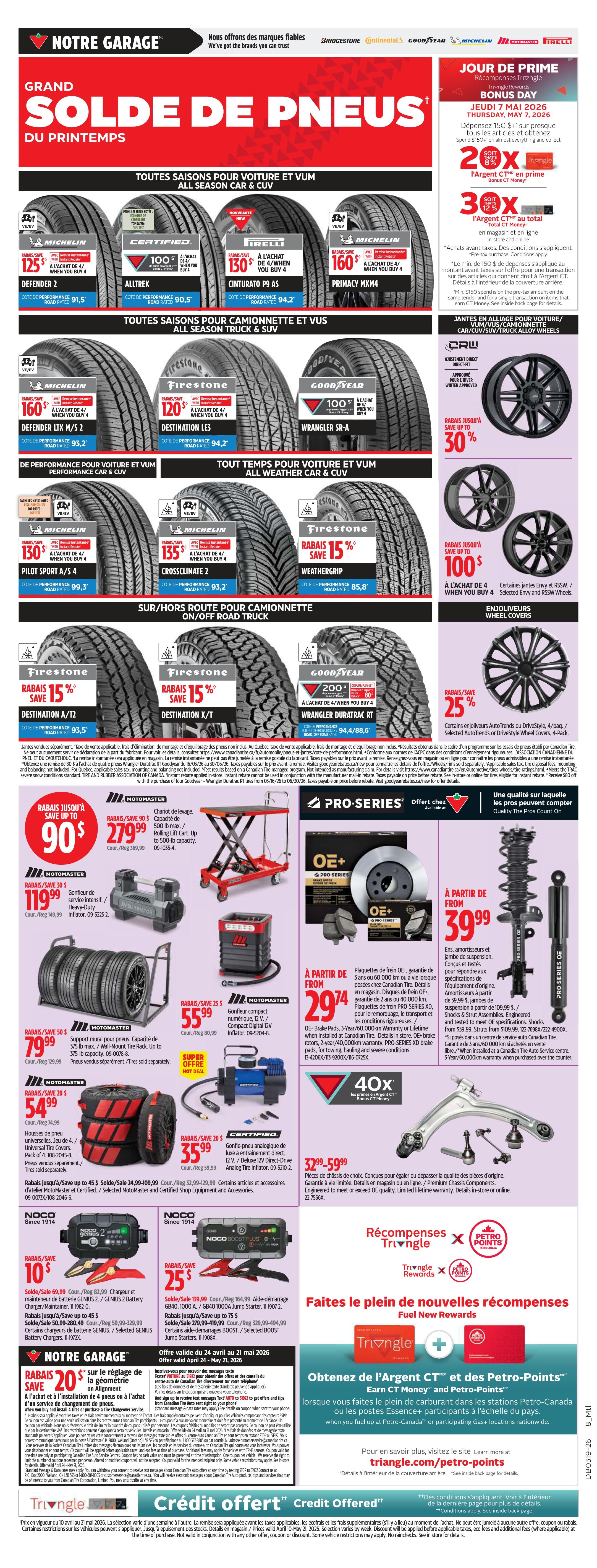 Canadian Tire weekly flyer specials page 14, featuring a Grand Spring Tire Sale. All-season tires for cars and CUVs include Michelin Defender LTX M/S 2 at $125, Certified Alltrek at $100, Pirelli Cinturato P9 AS at $130, and Michelin Primacy MX4 at $160, all when you buy 4. All-weather tires for cars and CUVs include Michelin Pilot Sport A/S 4 at $130, Firestone Crossclimate 2 at $135, and Firestone Weathergrip at 15% off. All-terrain tires for trucks and SUVs include Firestone Destination A/T2 at 15% off, Firestone Destination X/T at 15% off, and Goodyear Wrangler Duratrac RT at $200 when you buy 4. Also featured are various automotive accessories and parts: Motomaster Rolling Lift Cart for $279.99, Motomaster Heavy-Duty Service Jack for $119.99, Motomaster 4-pack of 4 tires with wall-mount tire rack for $79.99, Motomaster 12V/Compact Digital Inflator for $55.99, and Universal Tire Covers for $54.99. Other promotions include up to 30% off select wheels, up to 100% off select Enjoliveurs (wheel covers), and 25% off select AutoTrends or DriveStyle wheel covers. Brake parts are available starting at $29.74, and shocks and struts start at $39.99. NOCO Genius 2 battery maintainer is $10 off, and NOCO GB40 1000A jump starter is $25 off. Get 20% off a wheel alignment service. Earn CT Money and Petro-Points with Triangle Rewards. Credit Offer available April 24 to May 21, 2026.