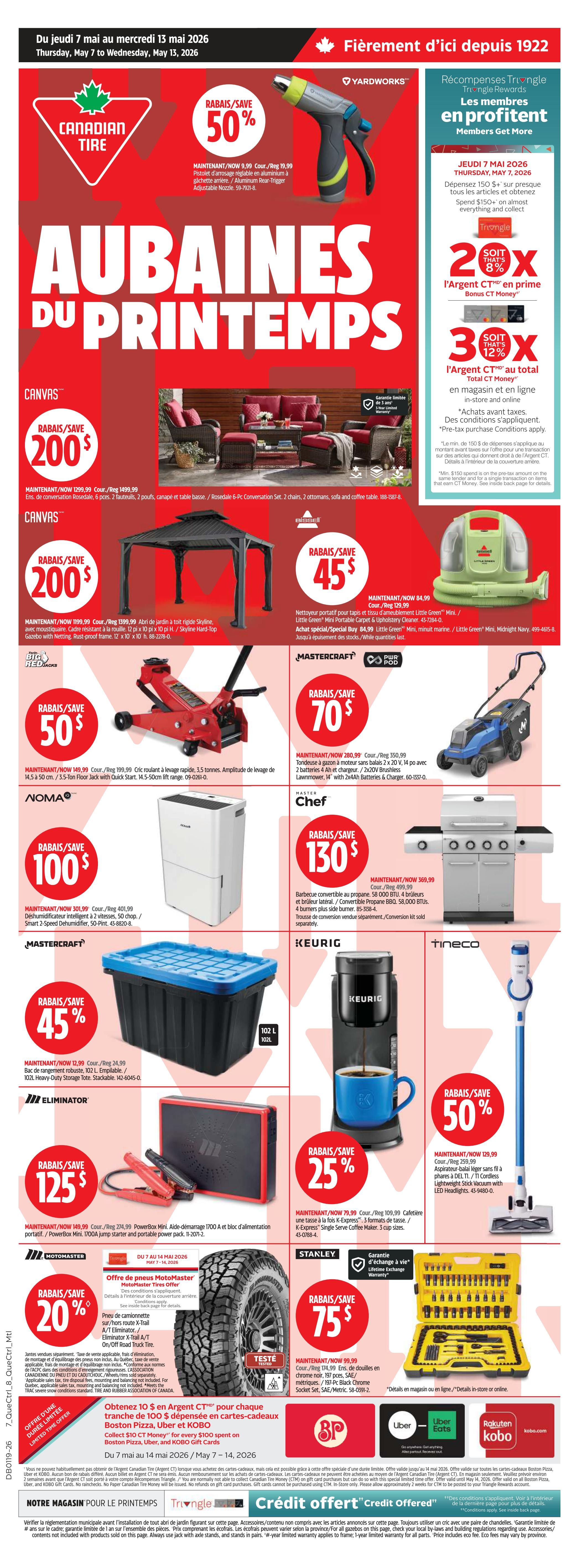 Canadian Tire Weekly Flyer Specials, Page 15, featuring Spring Savings. Deals include a Yardworks adjustable nozzle spray gun for 50% off, now $9.99. A Rosedale 6-piece conversation set is $200 off, now $1299.99. The Skyline Hard-Top Gazebo is also $200 off, now $1199.99. A Bissell Little Green portable carpet and upholstery cleaner is on sale for $45.99. Mastercraft offers a 3.5-ton floor jack with quick start for $50 off, now $149.99. A Noma smart 2-speed dehumidifier is $100 off, now $301.99. Mastercraft also has a 2-piece brushless lawnmower with batteries and charger for $70 off, now $280.99. Master Chef propane BBQ with side burner is $130 off, now $369.99. A Mastercraft heavy-duty storage tote is 45% off, now $12.99. Eliminator 1700A jump starter and portable power pack is $125. A 20% discount on Motomaster tires, with details on back page. Stanley 107-piece black chrome socket set is $75.99. Keurig single-serve coffee maker is 25% off, now $79.99. Tineco cordless lightweight stick vacuum with LED headlights is 50% off, now $129.99. Earn CT Money rewards on purchases over $150. Special offers for Boston Pizza, Uber Eats, and Kobo gift cards are also featured. Valid May 7 to May 13, 2026.