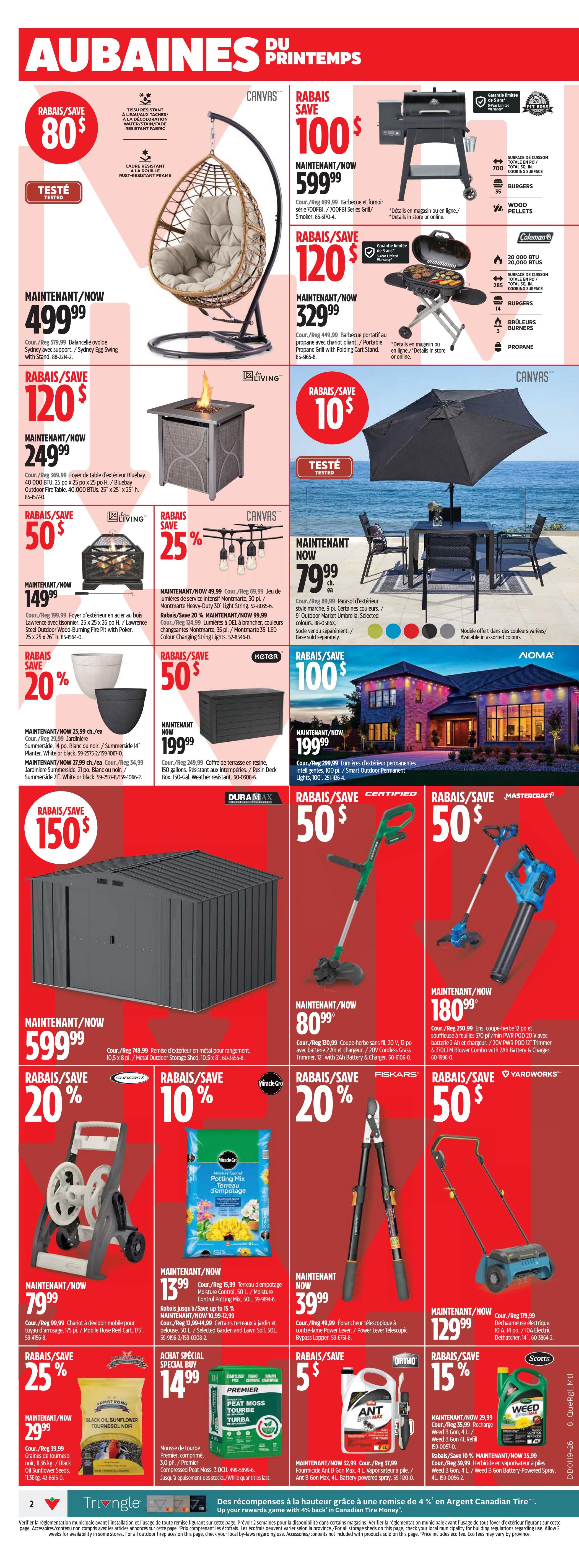 Canadian Tire Spring Savings flyer, page 16. Features a Canvas hanging egg chair on sale for $499.99, down from $579.99. Also available is a Canvas outdoor furniture set with umbrella for $79.99. A Living outdoor fireplace is $249.99, down from $369.99. A Living 35' LED string light set is $49.99. A Duramax 10.5 x 8 ft. outdoor storage shed is $599.99. On sale are Suncast hose reels for $79.99, down 20%. Miracle-Gro Potting Mix is $13.99, down 10%. Armstrong Black Oil Sunflower Seeds are $29.99, down 25%. Premier Peat Moss is a special buy at $14.99. Ant & Outdoor Insect Killer is $5.00. Mastercraft 20V Leaf Blower/Vacuum is $129.99. Mastercraft 12' Trimmer with 2Ah battery and charger is $80.99. Yardworks electric trimmer is $50.00. Fiskars pruning shears are $39.99. Scotts Weed B Gon is $15.00, down 15%.