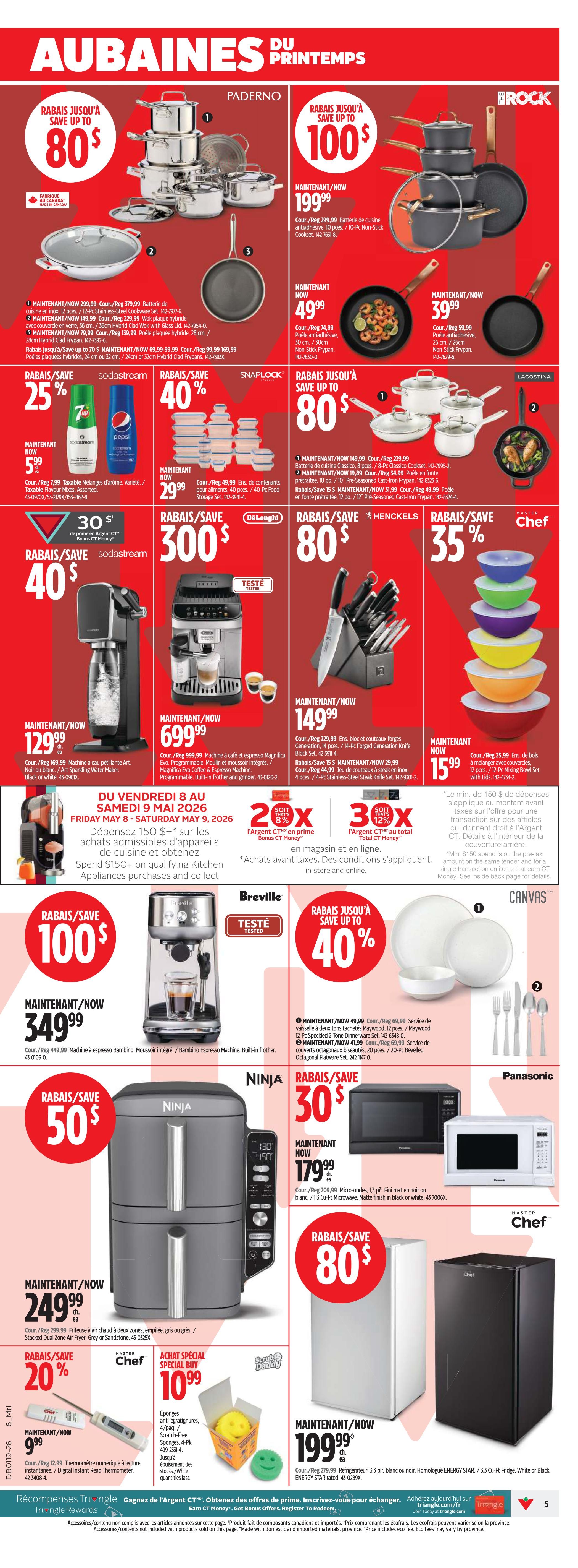Canadian Tire weekly flyer specials page 19 featuring spring savings. Offers include Paderno cookware with savings up to 80%, with a 12-Pc Stainless Steel Cookware Set now $199.99 and a 12-Pc Hybrid Clad Wok with Glass Lid now $149.99. Broil King cookware is on sale with savings up to $100, featuring a 10-Pc Non-Stick Cookset for $199.99. Lagostina offers savings up to 80% on cookware, with a 12-Pc Classic Cookset for $199.99 and a 10-Pc Non-Stick Frypan for $39.99. Sodastream is 25% off, with flavours now $5.99. Snaplock food storage containers are 40% off, now $29.99. Delonghi offers savings up to 80% on kitchen appliances, with a Magnifica Evo Coffee & Espresso Machine for $699.99. Master Chef knife block sets are 35% off, with a 14-Pc Forged Generation Knife Block Set now $149.99. Breville offers a Bambino Espresso Machine for $349.99, with savings up to $100. Canvas offers a 40% discount on dinnerware and flatware, with a 12-Pc Speckled 2-Tone Dinnerware Set now $49.99 and a 20-Pc Bevelled Octagonal Flatware Set now $41.99. Ninja offers a 50% discount on its Stacked Dual Zone Air Fryer for $249.99. Master Chef offers a 20% discount on digital instant-read thermometers, now $9.99. A special buy on Scrub Daddy sponges is $10.99. Panasonic offers 30% off microwaves, with a 1.3 cu ft model now $179.99. Master Chef offers 35% off compact refrigerators, with a 3.3 cu ft model now $199.99. The flyer also highlights a promotion: Spend $150+ on qualifying kitchen appliances and receive bonus CT Money.
