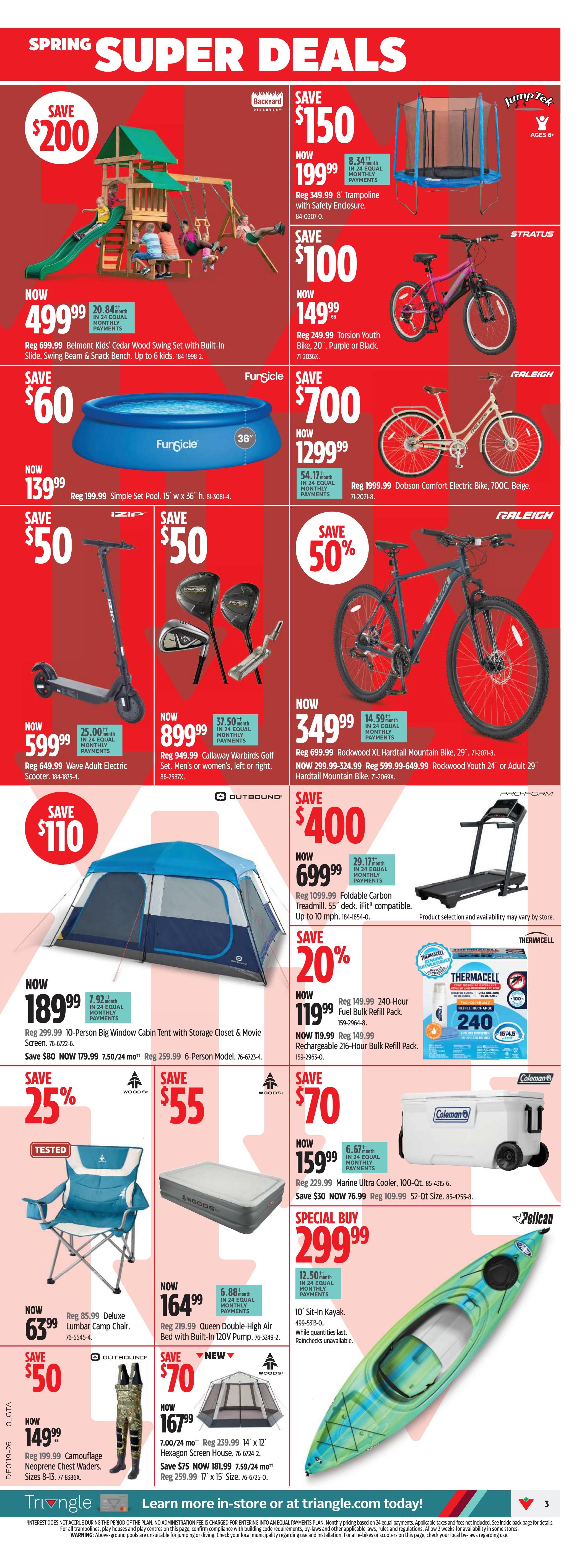 Canadian Tire Spring Super Deals flyer page 3 features a variety of outdoor and recreational items. Top deals include a Belmont Kids Cedar Wood Swing Set with slide, swing beam, and snack bench for $499.99 (save $200), a JumpTek 8' Trampoline with safety enclosure for $199.99 (save $150), and a Raleigh Stratus 20' Torsion Youth Bike in purple or black for $149.99 (save $100). Also featured is a FunSicle 15' Simple Set Pool for $139.99 (save $60), a Raleigh Dobson Comfort Electric Bike in beige for $1299.99 (save $700), and a Raleigh Rockwood XL Hardtail Mountain Bike for $349.99 (save $350). Other items on sale are an IZP Wave Adult Electric Scooter for $599.99 (save $100), a Callaway Warbirds Golf Set for $899.99 (save $50), and a foldable carbon tread mill for $699.99 (save $400). Additionally, there's a 10-Person Big Window Cabin Tent with storage closet and movie screen for $189.99 (save $110), a 240-hour fuel refill pack for $119.99 (save $20), a Woods Queen Double-High Air Bed for $164.99 (save $55), a Woods 14' x 12' Hexagon Screen House for $167.99 (save $70), a Coleman 100-Qt Marine Ultra Cooler for $159.99 (save $70), a Pelican 10' Sit-In Kayak for $299.99, and a Woods Deluxe Lumbar Camp Chair for $63.99. A camouflage neoprene chest waders are on sale for $149.99 (save $50).