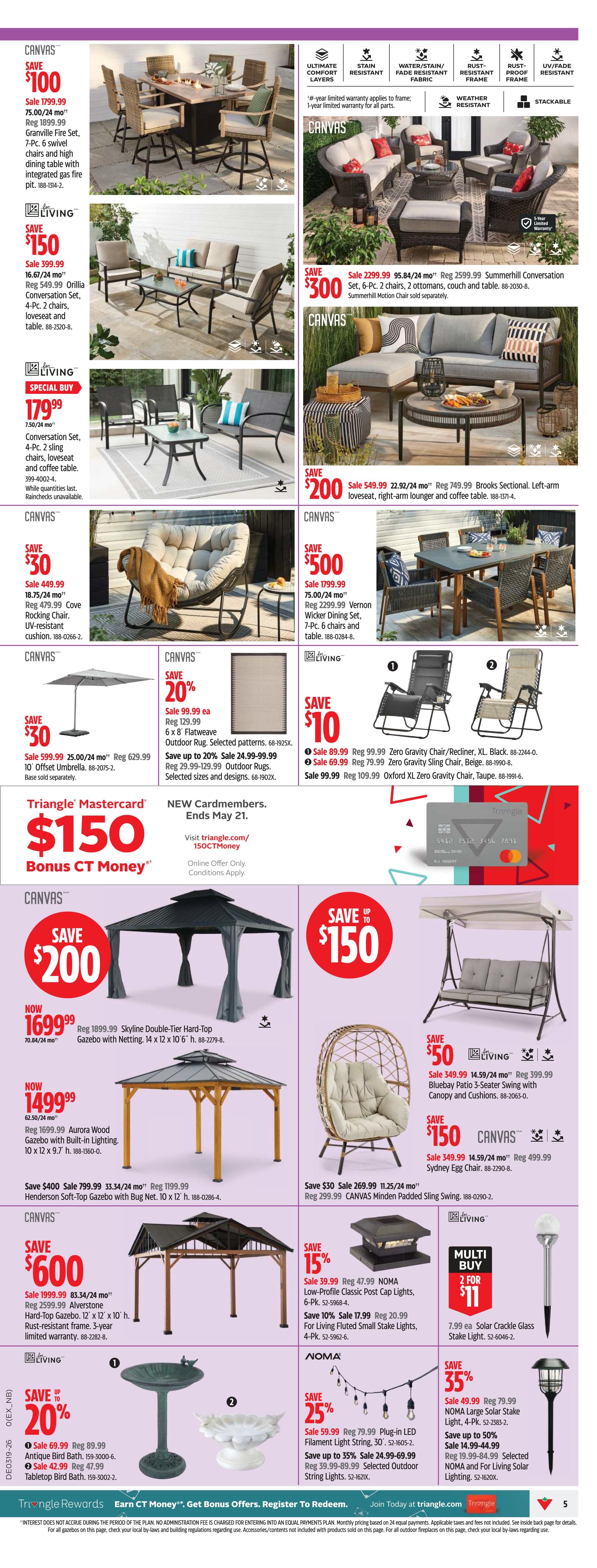 Page 12 of the Canadian Tire flyer features a wide selection of outdoor furniture and lighting. Save $100 on the 7-Pc. Granville Fire Set, now $1799.99. Save $150 on the 4-Pc. Orillia Conversation Set, now $399.99. Save $30 on the Cove Rocking Chair, now $449.99. Save $200 on the Skyline Double-Tier Hard-Top Gazebo with Netting, now $1699.99. Save $200 on the Aurora Wood Gazebo with Built-in Lighting, now $1499.99. Save $600 on the Alverstone Hard-Top Gazebo, now $1999.99. Save $300 on the 6-Pc. Summerhill Conversation Set, now $2299.99. Save $200 on the Brooks Sectional with loveseat, right-arm lounger and coffee table, now $549.99. Save $500 on the Vernon Wicker Dining Set, now $1799.99. Save $30 on the 10' Umbrella, now $599.99. Save 20% on 6'x8' Flatweave Outdoor Rugs, now $29.99-$129.99. Save $10 on Zero Gravity Chairs and Sling Chairs, starting at $79.99. Save up to $150 on the Bluebay Patio 3-Seater Swing with Canopy and Cushions, now $349.99. Save $150 on the Sydney Egg Chair, now $349.99. Save 20% on Antique Bird Bath, now $69.99, and Tabletop Bird Bath, now $42.99. Save 15% on NOMA Low-Profile Post Cap Lights, now $39.99, and For Living Fluted Small Stake Lights, now $17.99. Save 25% on NOMA Plug-in LED Filament Light String, now $59.99, and Selected Outdoor String Lights, now $24.99-$59.99. Multi-buy offer: 2 Solar Crackle Glass Stake Lights for $11. Save 35% on NOMA Large Solar Stake Light, now $49.99, and Selected NOMA and For Living Solar Lighting, now $14.99-$49.99. Also features a Triangle Mastercard offer for $150 Bonus CT Money.