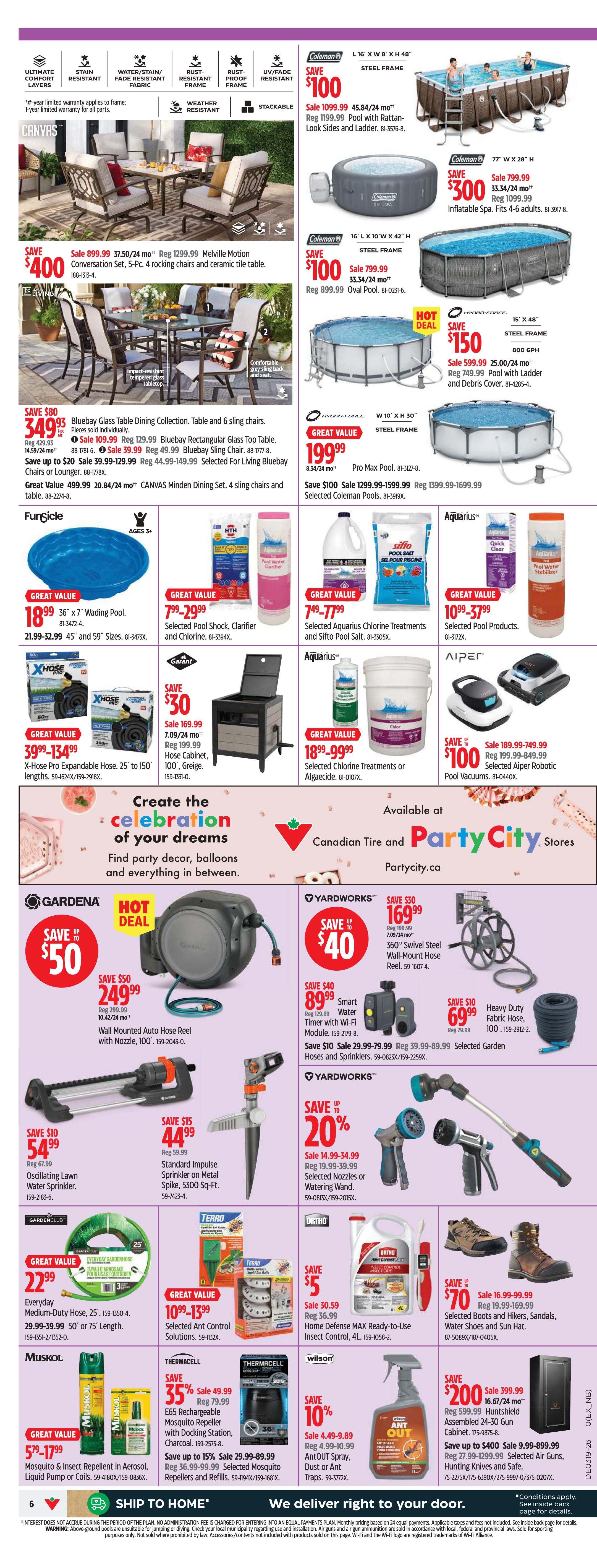 Canadian Tire weekly flyer specials page 13 features a wide selection of outdoor and home maintenance products. Highlighted items include the Coleman 10' x 48' Steel Frame Pool with Rattan Look Sides and Ladder for $1099.99, a Coleman 77' x 28' Inflatable Spa for $799.99, and a Coleman 16' x 10' x 42' Oval Pool for $799.99. Also featured is a Coleman 15' x 48' Steel Frame Pool with Ladder and Debris Cover for $749.99. For smaller pools, there's a Funsicle 36' x 7' Wading Pool for $18.99. Pool maintenance items include selected Pool Shock, Clarifier and Sift Pool Salt for $7.99-$7.99, selected Aquarius Chlorine Treatments and Sift Pool Salt for $7.49-$7.79, and selected Pool Products for $10.99-$37.99. The X-Hose Pro Expandable Hose, 25' to 150' lengths, is available for $39.99-$134.99. A Garaint Hose Cabinet is on sale for $169.99. For pest control, select Ant Control Solutions are priced from $10.99-$13.99, and Ortho Home Defense MAX Ready-to-Use Insect Control is $36.99. Muskol Mosquito & Insect Repellent in Aerosol, Liquid Pump or Coils is $5.79-$17.99. Thermacell E65 Rechargeable Mosquito Repeller with Docking Station is 35% off, sale price $49.99. Wilson Ant Out Spray, Dust or Ant Traps are 10% off, sale price $4.49-$9.99. Yardworks offers a 360° Swivel Steel Wall-Mount Hose Reel for $169.99, a Smart Timer with Wi-Fi Module for $89.99, and Heavy Duty Fabric Hose for $69.99. Yardworks also has a 20% discount on selected Nozzles or Watering Wand. The page also promotes creating the 'celebration of your dreams' with party decor, balloons, and more, available at Canadian Tire and Party City stores. Additionally, selected Boots and Hikers, Sandals, Water Shoes and Sun Hats are on sale for $16.99-$169.99, and Huntshield Assembled Knives and Safe are on sale for $16.99-$399.99.