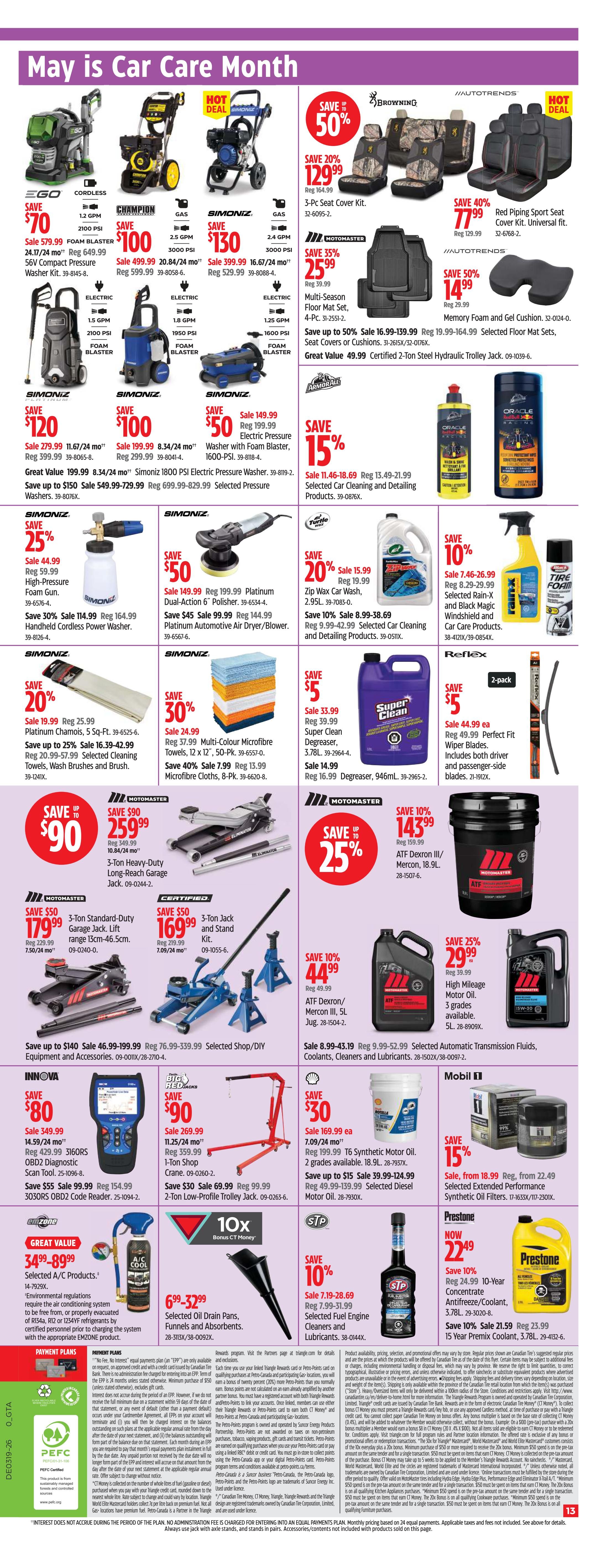 Canadian Tire Ontario flyer, page 20 of 21, featuring 'May is Car Month' specials. Deals include EGO 56V Compact Pressure Washer Kit for $579.99 (save $70), CHAMPION 2100 PSI Pressure Washer for $100 (save $100), and SIMONIZ 2.4 GPM Pressure Washer for $130 (save $130). Also featured are BROWNING 3-Pc Seat Cover Kits for $129.99 (save 20%), AUTOTRENDS Red Piping Sport Seat Cover Kits for $77.99 (save 40%), and AUTOTRENDS Memory Foam and Gel Cushions for $14.99 (save 50%). Other items on sale include SIMONIZ 1800 PSI Electric Pressure Washer for $100 (save $100), SIMONIZ 1600 PSI Electric Pressure Washer for $50 (save $50), MOTOMASTER 3-Ton Heavy-Duty Garage Jack for $259.99 (save $90), MOTOMASTER 3-Ton Standard-Duty Garage Jack for $179.99 (save $50), and MOTOMASTER 3-Ton Jack and Stand Kit for $169.99 (save $50). Automotive fluids and accessories are also on sale, including selected cleaning and detailing products, engine coolants, and motor oil. Special offers include 10x Bonus CT Money on selected Drain Pans, Faucets, and Absorbents, and 10x Bonus CT Money on selected Engine Degreasers. 946mL.