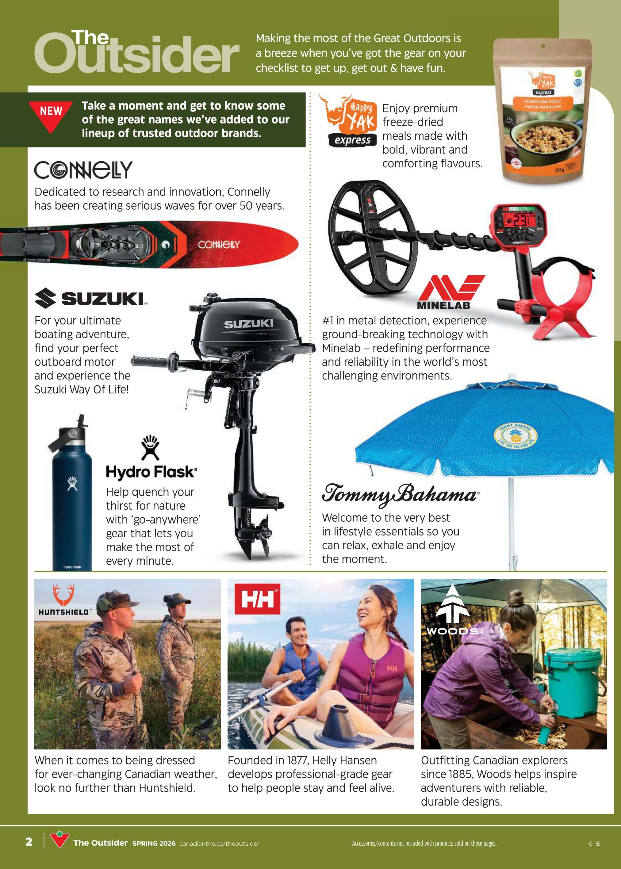 Canadian Tire The Outsider flyer, page 2. This page introduces new trusted outdoor brands. Featured brands include Connelly, offering skis; Suzuki, with outboard motors; Hydro Flask for hydration; and Happy Yak freeze-dried meals. Also highlighted are Minelab metal detectors, Tommy Bahama lifestyle essentials like umbrellas, Huntshield apparel for Canadian weather, Helly Hansen professional-grade gear, and Woods adventure gear. The page showcases products for outdoor enthusiasts.