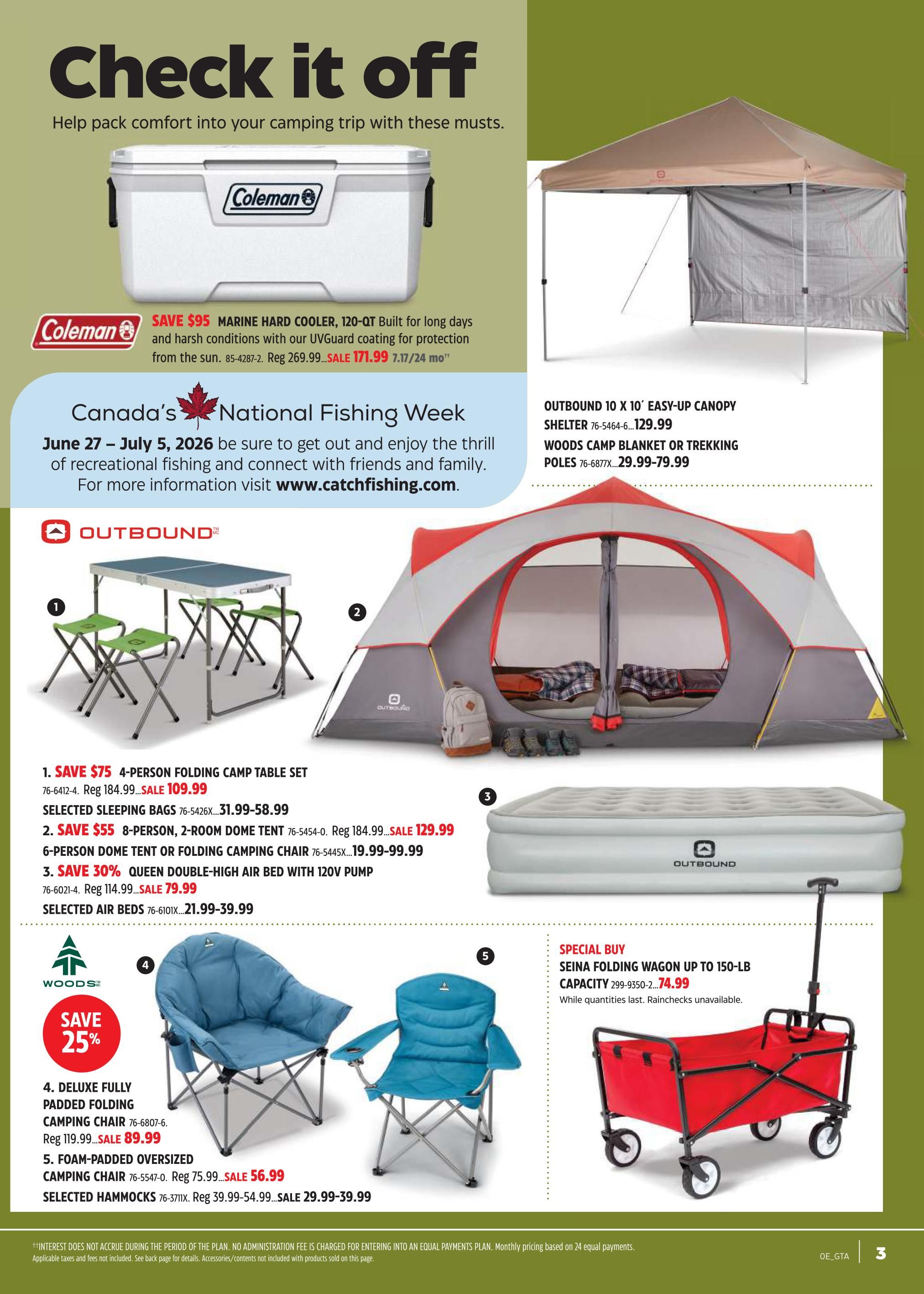 Canadian Tire flyer, page 2. Features a Coleman 120-QT Marine Hard Cooler, on sale for $171.99, saving $95. Also highlighted is Canada's National Fishing Week from June 27 - July 5, 2026. On the right, an Outbound 10 x 10 Easy-Up Canopy is priced at $129.99, and Woods Camp Blanket or Trekking Poles are available for $29.99-$79.99. Featured camping gear includes: 1. Save $75 on a 4-Person Folding Camp Table Set, now $109.99. Selected sleeping bags are $31.99-$58.99. 2. Save $55 on an 8-Person, 2-Room Dome Tent, sale priced at $129.99. 6-Person Dome Tent or Folding Camping Chair is $19.99-$99.99. 3. Save 30% on a Queen Double-High Air Bed with 120V pump, now $79.99. Selected air beds range from $21.99-$39.99. 4. Deluxe Fully Padded Folding Camping Chair is on sale for $89.99 (regular $119.99). Foam-Padded Oversized Camping Chair is $56.99 (regular $75.99). Selected Hammocks are $29.99-$39.99. 5. Special Buy: Seina Folding Wagon up to 150-lb capacity for $74.99. Rainchecks are unavailable.