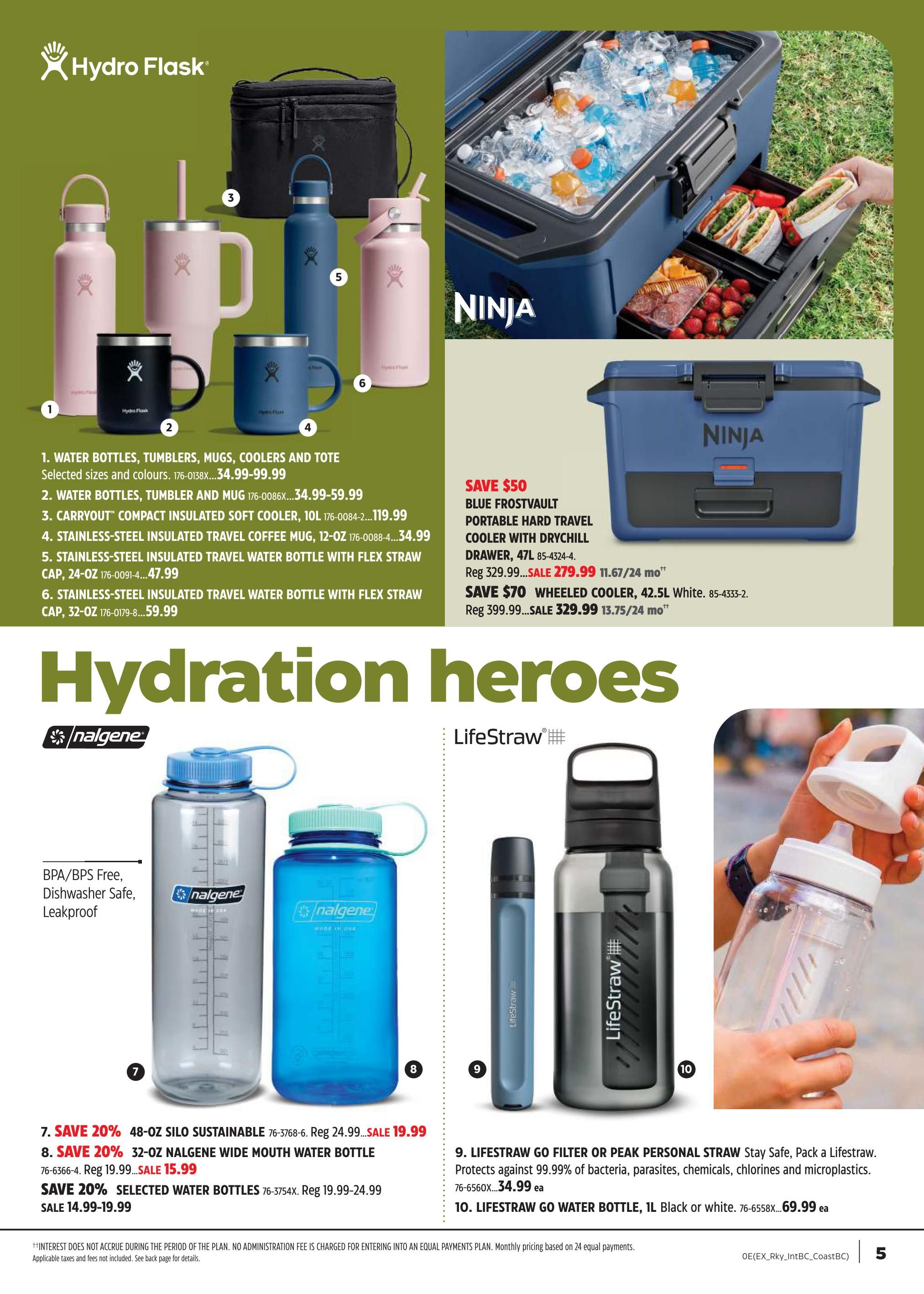 Canadian Tire flyer page 4 features hydration heroes. Top section showcases Hydro Flask products including water bottles, tumblers, mugs, coolers, and totes with prices ranging from $34.99 to $119.99. Also featured is a Ninja Blue Frostvault portable hard travel cooler with dry chill drawer for $279.99 (save $50) and a Ninja wheeled cooler for $329.99 (save $70). The bottom section highlights Nalgene and LifeStraw products. Nalgene 48-oz silo sustainable water bottles are on sale for $19.99 (save 20%), and 32-oz wide mouth water bottles are $15.99 (save 20%). Selected water bottles are on sale for $14.99-$19.99. LifeStraw Go filter or Peak personal straws are $34.99, and LifeStraw Go water bottles (1L, black or white) are $69.99.