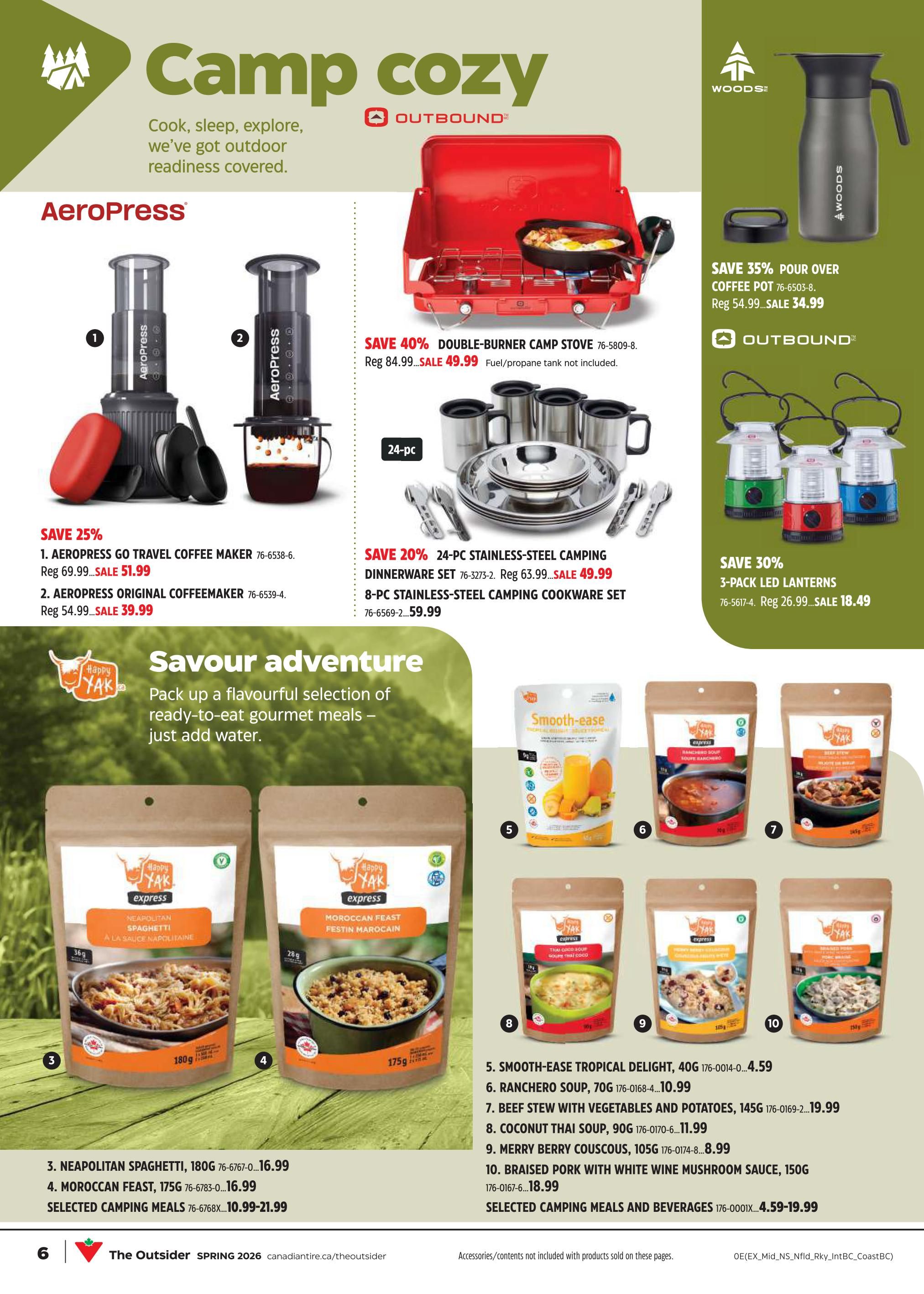Canadian Tire flyer page 5 featuring camping gear and food. Top section highlights Aeropress coffee makers with a 25% discount: Aeropress Go Travel Coffee Maker on sale for $51.99 (reg. $69.99) and Aeropress Original Coffeemaker on sale for $39.99 (reg. $54.99). Also featured is a red Outbound Double-Burner Camp Stove, save 40%, on sale for $49.99 (reg. $84.99), fuel/propane tank not included. A Woods Pour Over Coffee Pot is on sale for $34.99 (reg. $54.99) and save 30% on Outbound 3-pack LED Lanterns, on sale for $18.49 (reg. $26.99). A 24-pc Outbound Stainless-Steel Dinnerware Set is on sale for $49.99 (reg. $63.99) and a 8-pc Stainless-Steel Camping Cookware Set is also on sale for $59.99. The bottom section, 'Savour adventure', showcases Happy Yak ready-to-eat meals. Items include Neapolitan Spaghetti (180g) for $16.99, Moroccan Feast (175g) for $16.99. Selected camping meals are $10.99-$21.99. Other featured meals are Smooth-Ease Tropical Delight (40g) for $4.59, Ranchero Soup (70g) for $10.99, Beef Stew with Vegetables and Potatoes (145g) for $19.99, Coconut Thai Soup (90g) for $11.99, Merry Berry Couscous (105g) for $8.99, and Braised Pork with White Wine Mushroom Sauce (150g) for $18.99. Selected camping meals and beverages are $4.59-$19.99.