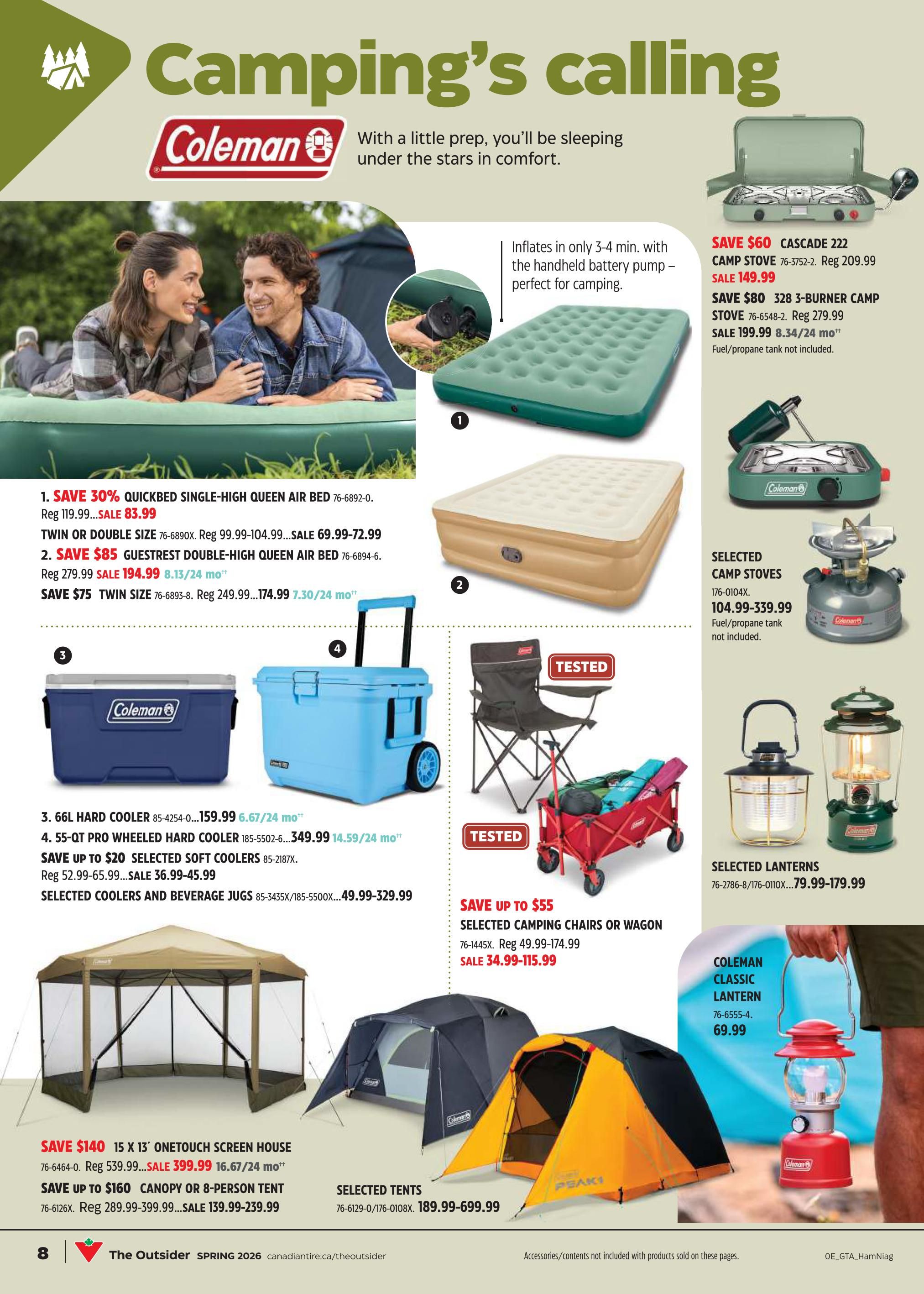 Canadian Tire flyer page 7 features camping gear. Save 30% on a Quickbed Single-High Queen Air Bed for $83.99. Save $85 on a Guestrest Double-High Queen Air Bed, now $194.99. Also available is a Twin or Double size air bed for $69.99-$72.99 and a Twin size air bed for $174.99. Featured are a 66L Hard Cooler for $159.99 and 55-Qt Pro Wheeled Hard Coolers for $349.99. Selected Coolers and Beverage Jugs are on sale from $49.99-$329.99. Save $140 on a 15 x 13' Onetouch Screen House for $399.99. Save up to $160 on a Canopy or 8-Person Tent, sale priced from $139.99-$239.99. Selected Tents are available from $189.99-$699.99. Save $60 on a Cascade 222 Camp Stove for $149.99. Save $80 on a 3-Burner Camp Stove for $199.99. Selected Camp Stoves range from $104.99-$339.99. Selected Lanterns are available from $79.99-$179.99. A Coleman Classic Lantern is $69.99. Save up to $55 on Selected Camping Chairs or Wagon, with sale prices from $34.99-$115.99. Accessories and contents are not included with products sold on these pages.