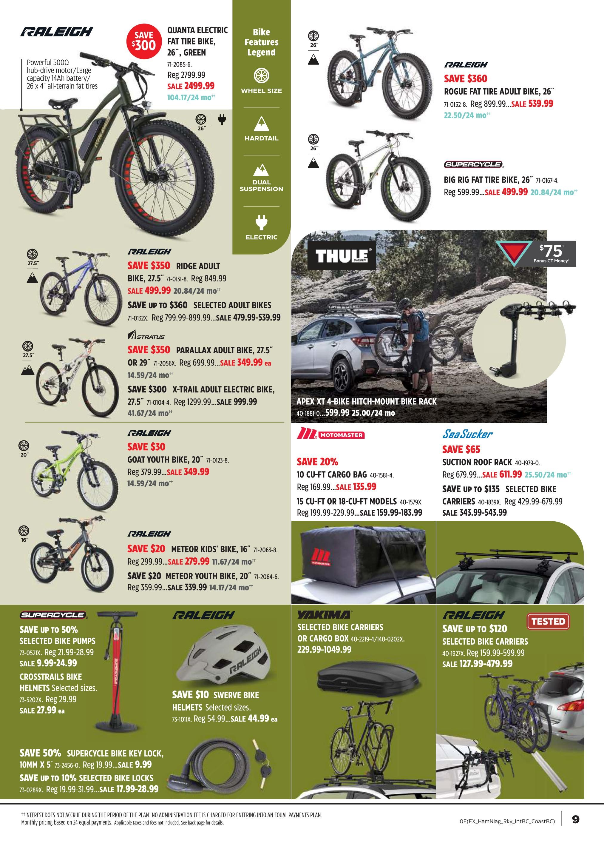 Canadian Tire flyer page 8 features a variety of bicycles and accessories. Highlighted are the Raleigh Quanta Electric Bike, 26' in green, on sale for $2499.99 (save $300), and the Raleigh Rogue Fat Tire Adult Bike, 26', on sale for $39.99 (save $360). Also featured is the Supercycle Big Rig Fat Tire Bike, 26', on sale for $499.99 (save $360). Other bikes include the Raleigh Ridge Bike, 27.5', on sale for $499.99 (save $350), Stratus Parallax Adult Bike, 27.5', on sale for $349.99, and Raleigh X-Trail Adult Electric Bike, 27.5', on sale for $999.99 (save $300). Youth bikes include the Raleigh Goat Youth Bike, 20', on sale for $349.99 (save $30), and Raleigh Meteor Kids' Bike, 16', on sale for $279.99 (save $20), and Raleigh Meteor Youth Bike, 20', on sale for $339.99 (save $20). Accessories include the Thule Apex XT 4-Bike Hitch-Mount Bike Rack, on sale for $599.99. SeaSucker Suction Roof Rack is on sale for $611.99 (save $65). Motomaster 10 cu-ft Cargo Bag is on sale for $135.99 (save 20%), and 15 cu-ft or 18 cu-ft models are on sale for $159.99-$183.99. Yakima Selected Bike Carriers or Cargo Box are priced from $229.99-$1049.99. Raleigh Selected Bike Carriers are on sale for $127.99-$479.99. Supercycle Selected Bike Pumps are on sale for $9.99-$24.99. Crosstrails Bike Helmets are $27.99 each. Raleigh Swerve Bike Helmets are $44.99 each. Supercycle Bike Lock, 10mm x 5', is on sale for $9.99 (save 50%), and Selected Bike Locks are on sale for $17.99-$28.99.