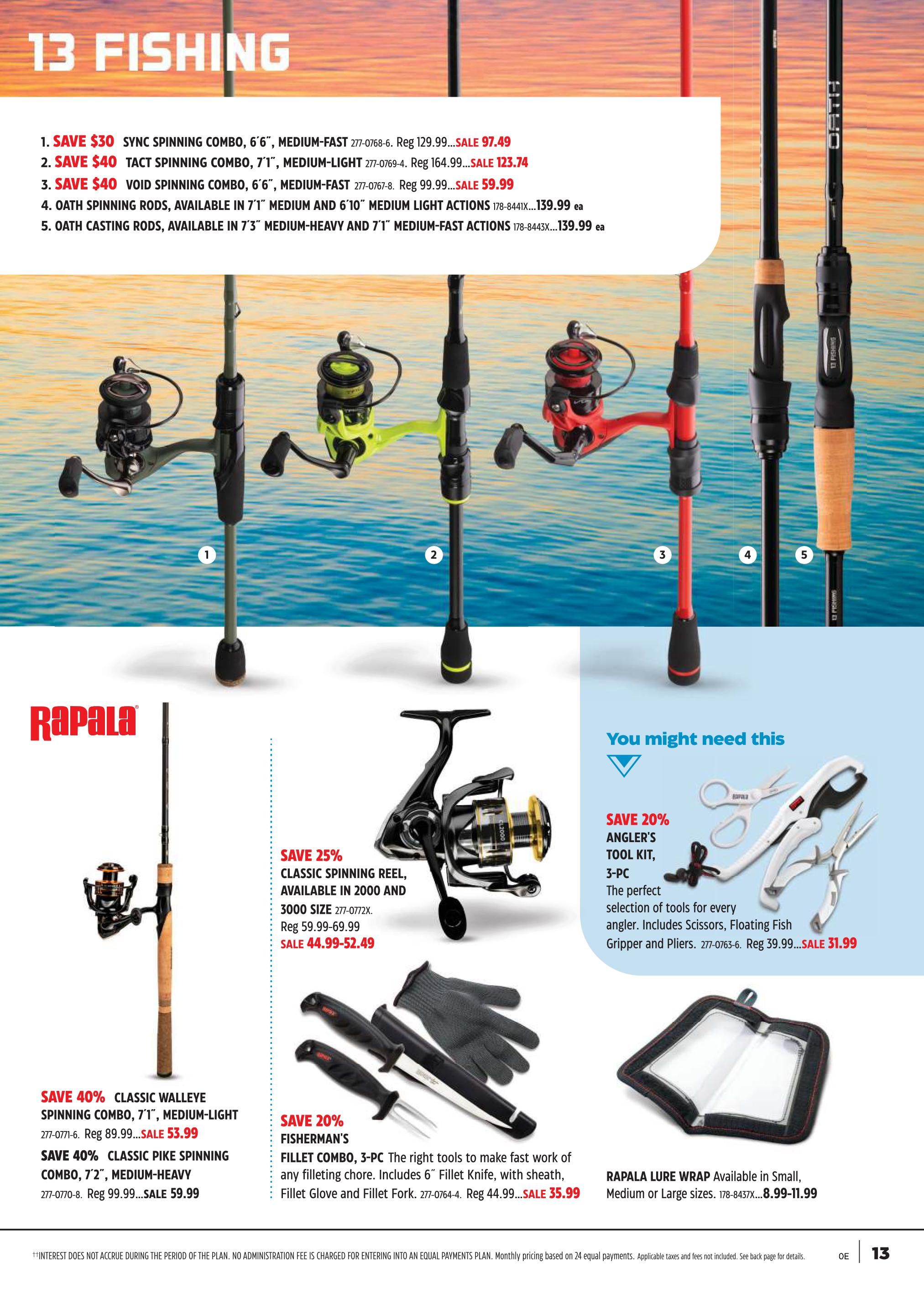 Page 12 of the Canadian Tire flyer featuring fishing gear. Top section highlights 13 Fishing products: SAVE $30 on Sync Spinning Combo, 6'6' Medium-Fast for $97.49; SAVE $40 on Tact Spinning Combo, 7'1' Medium-Light for $123.74; SAVE $40 on Void Spinning Combo, 6'6' Medium-Fast for $59.99. Also available are Oath Spinning Rods in 7'1' Medium and 6'10' Medium-Light actions for $139.99 each, and Oath Casting Rods in 7'3' Medium-Heavy and 7'1' Medium-Fast actions for $139.99 each. The lower section showcases Rapala products: SAVE 25% on Classic Spinning Reel, available in 2000 and 3000 sizes, sale priced from $44.99-$52.49. SAVE 40% on Classic Walleye Spinning Combo, 7'1' Medium-Light for $53.99, and SAVE 40% on Classic Pike Spinning Combo, 7'2' Medium-Heavy for $59.99. Additionally, SAVE 20% on Fisherman's Fillet Combo, 3-PC, including a 6' Fillet Knife with sheath, Fillet Glove and Fillet Fork, for $35.99. A Rapala Lure Wrap is available in Small, Medium or Large sizes for $8.99-$11.99. A 'You might need this' section offers a SAVE 20% deal on a 3-PC Angler's Tool Kit, including scissors, a floating fish gripper and pliers, for $31.99.