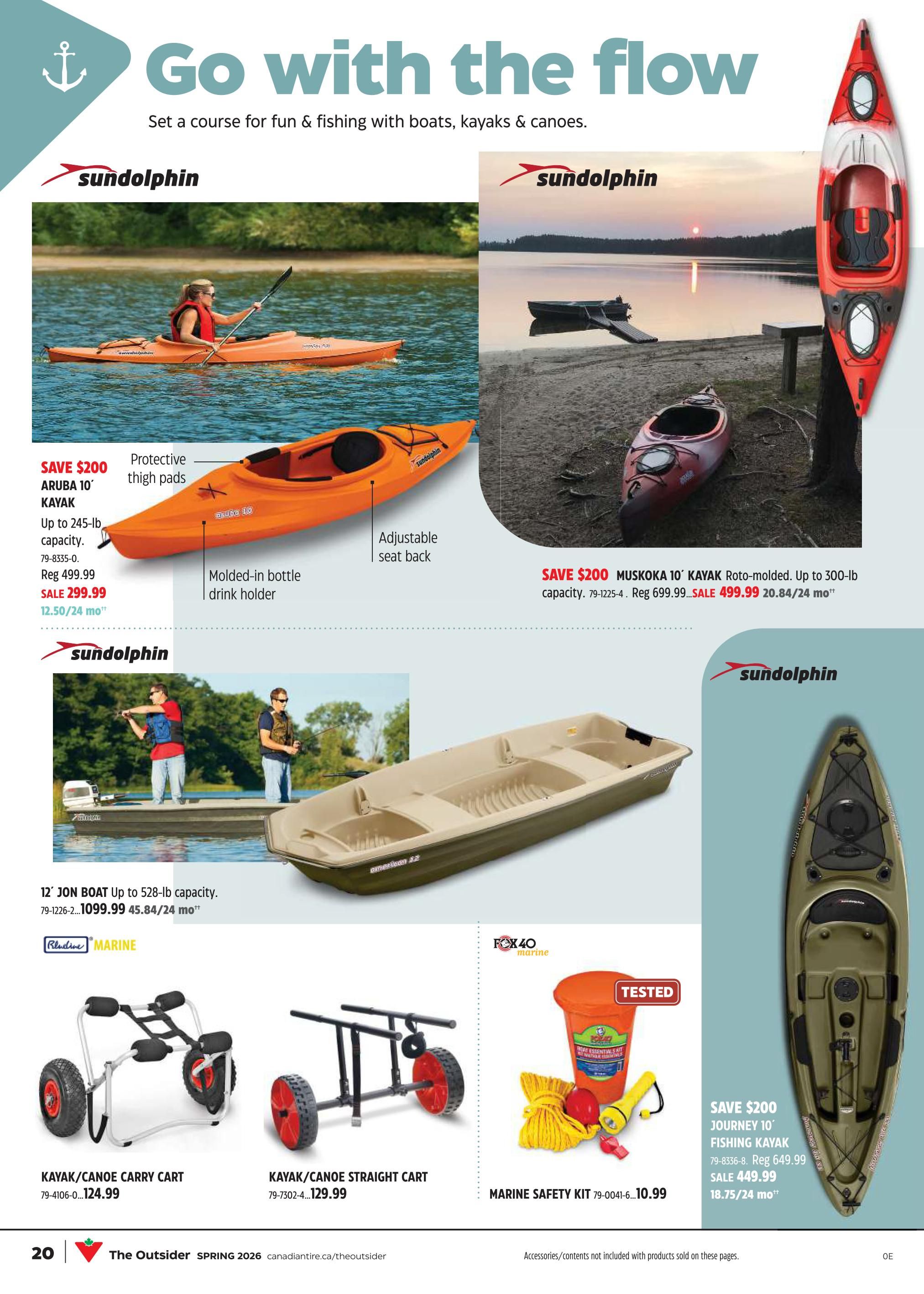Canadian Tire flyer page featuring watercraft and accessories. Includes a Sundolphin Aruba 10' kayak on sale for $299.99, down from $499.99, with protective thigh pads and adjustable seat back. Also features a Sundolphin Muskokan 10' Roto-molded kayak for $499.99, a $200 saving from $699.99. A 12' Jon Boat is available for $1099.99. Accessories include a Kayak/Canoe Carry Cart for $124.99, a Kayak/Canoe Straight Cart for $129.99, and a Fox 40 Marine Safety Kit for $10.99. A Sundolphin Journey 10' Fishing Kayak is on sale for $449.99, saving $200 from $649.99.