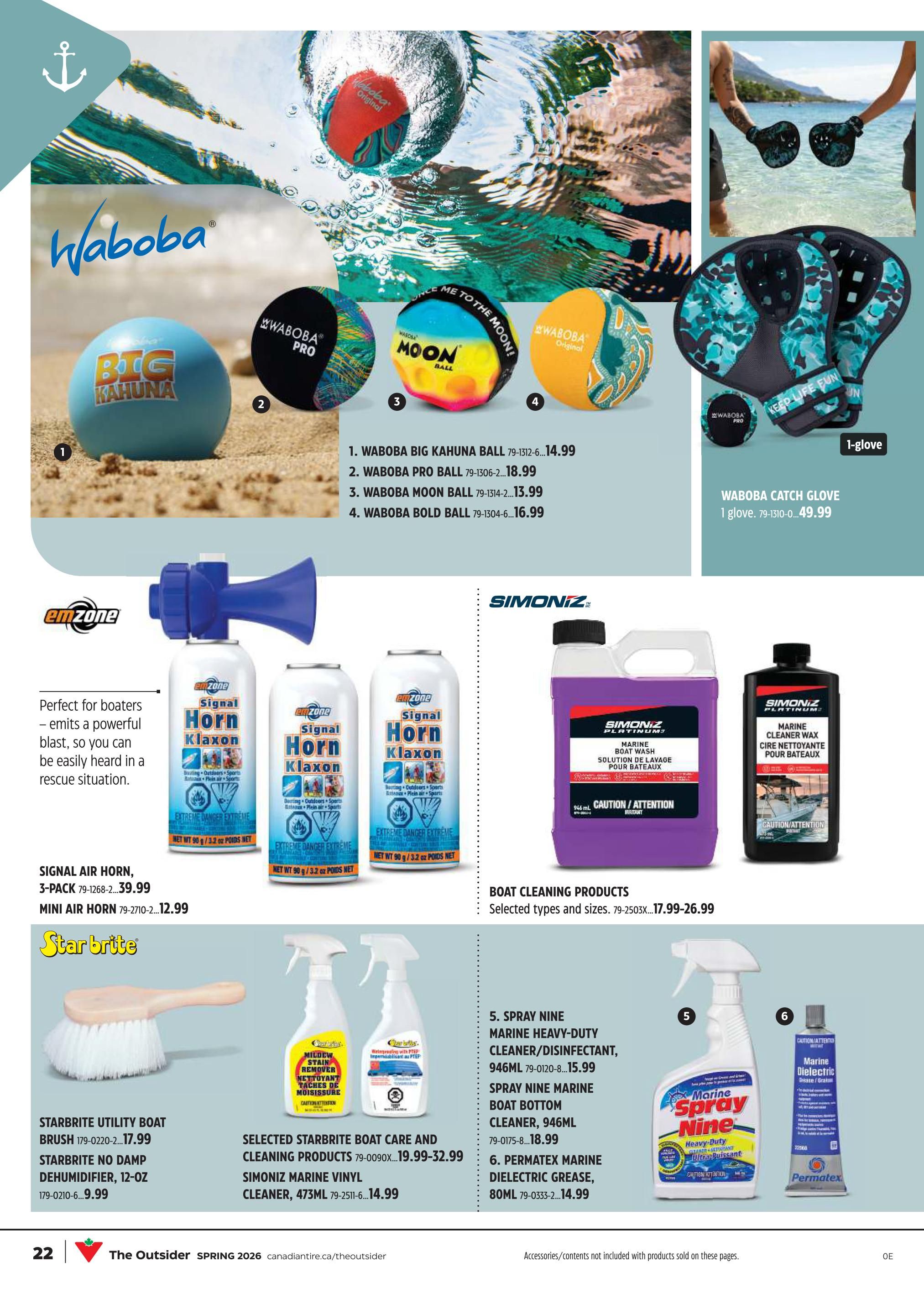 Page 21 of the Canadian Tire flyer features Waboba water toys and boat care products. Waboba items include the Big Kahuna ball for $14.99, Pro Ball for $18.99, Moon Ball for $13.99, and Bold Ball for $16.99. Also available is the Waboba Catch Glove for $49.99. Emzone Signal Horn Klaxon 3-pack is $39.99, and the Mini Air Horn is $12.99. Starbrite Utility Boat Brush is $17.99, and the No Damp Dehumidifier (12oz) is $9.99. Selected Starbrite boat care and cleaning products range from $19.99 to $32.99. Simoniz Marine Vinyl Cleaner (473ml) is $14.99. Simoniz Boat Cleaning Products are available in selected types and sizes, priced from $17.99 to $26.99. Spray Nine Marine Heavy-Duty Cleaner/Disinfectant (946ml) is $15.99. Spray Nine Marine Boat Bottom Cleaner (946ml) is $18.99. Permatex Marine Dielectric Grease (80ml) is $14.99.
