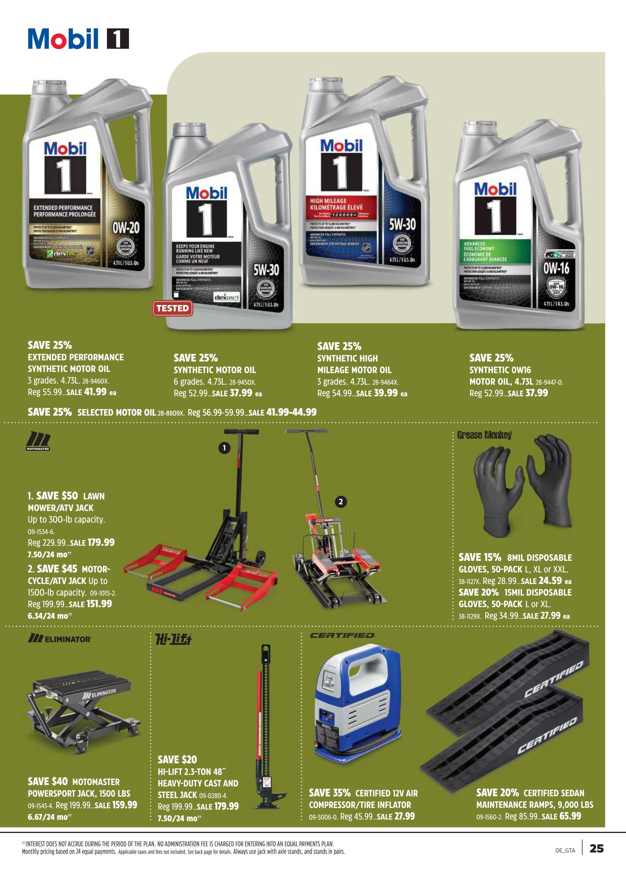 Canadian Tire flyer page 25 features Mobil 1 synthetic motor oil with savings of 25% on Extended Performance, Synthetic, and High Mileage varieties. Prices range from $37.99 to $41.99. Also on sale is Mobil 1 Synthetic OW-16 motor oil for $37.99. Automotive equipment includes a save $50 Motomaster Powersport Jack for $159.99, a save $45 Motor-cycle/ATV Jack for $151.99, and a save $50 Lawn Mower/ATV Jack for $179.99. Other deals include save 15% on 8mil disposable gloves for $24.59 and save 20% on 15mil disposable gloves for $27.99. Save 35% on a Certified 12V air compressor/tire inflator for $27.99 and save 20% on Certified sedan maintenance ramps for $65.99. A save $20 Hi-Lift 2.3-ton 48' heavy-duty cast and steel jack is on sale for $179.99.