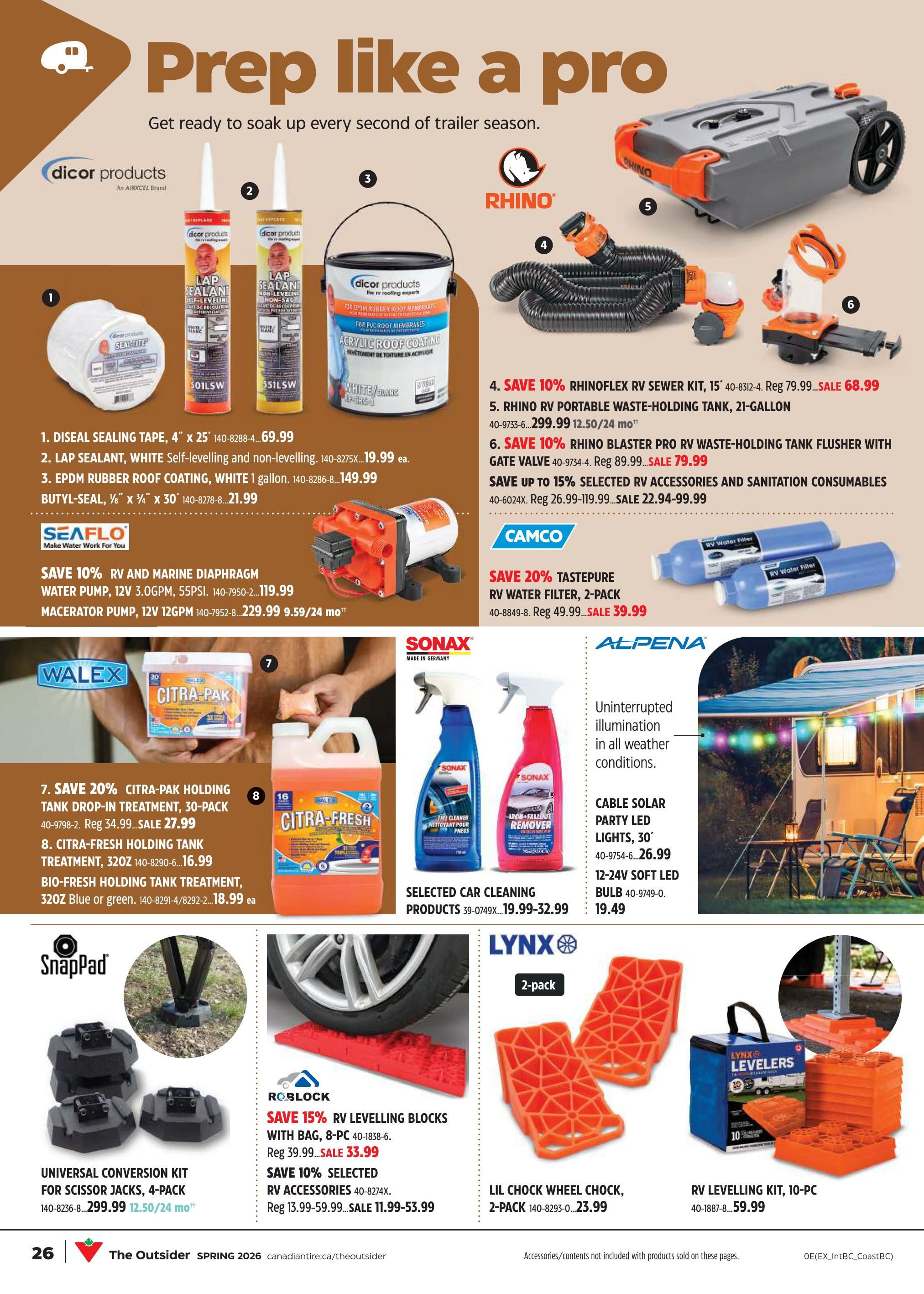 Canadian Tire flyer page 25 features RV preparation and maintenance supplies. Products include Dicor Lap Sealant and EPDM Rubber Roof Coating, with prices starting at $19.99. Sea Flow RV and Marine Diaphragm Water Pump is $119.99, and the Macerator Pump is $229.99. Rhino RV Sewer Kit is on sale for $68.99, and the Portable Waste-Holding Tank is $299.99. The Rhino Blaster Pro RV Waste-Holding Tank Flusher is $79.99. Save up to 15% on selected RV accessories and sanitation consumables, with prices ranging from $22.94 to $99.99. Camco offers a 2-pack of TASTEPURE RV Water Filters for $39.99. Walex Citra-Pak Holding Tank Drop-In Treatment (30-pack) is on sale for $27.99, and Citra-Fresh Holding Tank Treatment (32oz) is $16.99. Bio-Fresh Holding Tank Treatment is $18.99. Sonax car cleaning products are available, including the Iron Fall-out Remover, with prices from $19.99 to $32.99. Alpena offers Cable Solar Party LED Lights for $26.99 and 12-24V Soft LED Bulbs for $19.49. SnapPad Universal Conversion Kit for Scissor Jacks (4-pack) is $299.99. Roblock RV Levelling Blocks (8-pack) are on sale for $33.99, and selected RV accessories are on sale from $11.99 to $53.99. Lynx offers Lil' Chock Wheel Chocks (2-pack) for $23.99 and an RV Levelling Kit (10-pc) for $59.99.