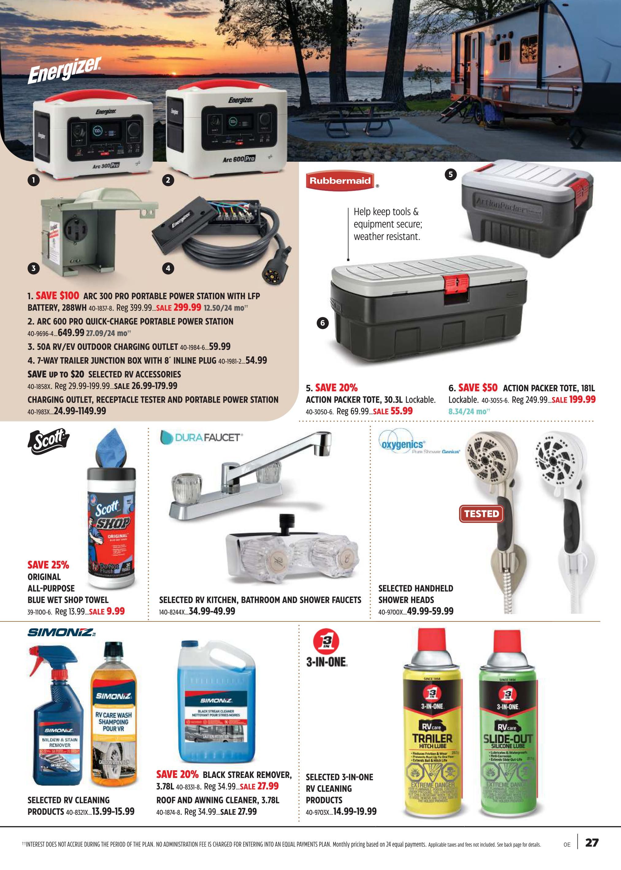 Canadian Tire flyer page 26 featuring Energizer portable power stations, including the Arc 300 Pro for $299.99 (save $100) and the Arc 600 Pro for $649.99. Also available are RV/outdoor charging outlets for $59.99 and 7-way trailer junction boxes for $54.99. Save up to $20 on selected RV accessories like charging outlets, receptacle testers, and portable power stations, priced from $24.99 to $1149.99. Rubbermaid Action Packer totes are on sale, with the 30.3L lockable tote at $55.99 (save 20%) and the 181L lockable tote at $199.99 (save $50). Scott Original All-Purpose Blue Wet Shop Towels are 25% off, priced at $9.99. Dura Faucet selected RV kitchen, bathroom, and shower faucets are available from $34.99 to $49.99. Oxygenics selected handheld shower heads are priced from $49.99 to $59.99. Simoniz selected RV cleaning products, including Mildew & Stain Remover and RV Care Wash, range from $13.99 to $15.99. Save 20% on Simoniz 3.78L Black Streak Remover and Roof and Awning Cleaner, both priced at $27.99. 3-in-One selected RV cleaning products, such as Trailer Hitch Lube and Slide-Out Silicone Lube, are available from $14.99 to $19.99.