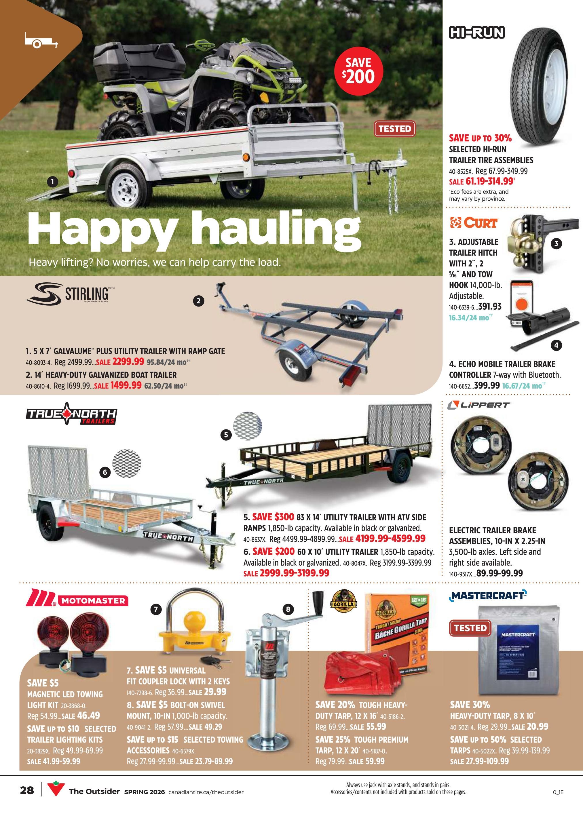 Canadian Tire flyer page 28 featuring 'Happy Hauling' with various trailers and accessories. Highlights include a 1.5 x 7' Galvalume Plus Utility Trailer with Ramp Gate for $2299.99, a 14' Heavy-Duty Galvanized Boat Trailer for $1499.99, and a 5 x 7' Utility Trailer with ATV Side Ramps for $4199.99-$4599.99. Also featured are a 60 x 10' Utility Trailer for $3199.99-$3399.99, Curt adjustable trailer hitches starting at $391.93, Echo Mobile Trailer Brake Controllers for $399.99, and Lippert Electric Trailer Brake Assemblies for $89.99-$99.99. Motomaster offers magnetic LED towing light kits for $46.49 and selected trailer lighting kits for $41.99-$59.99. Other items include a universal fit coupler lock for $29.99, a bolt-on swivel mount for $49.29, and selected towing accessories for $23.79-$89.99. Additionally, there are Tough-Duty Tarps on sale for $55.99 and premium tarps for $59.99, as well as Mastercraft Heavy-Duty Tarps starting at $20.99 and selected tarps for $27.99-$109.99. Save up to 30% on selected Hi-Run Trailer Tire Assemblies.