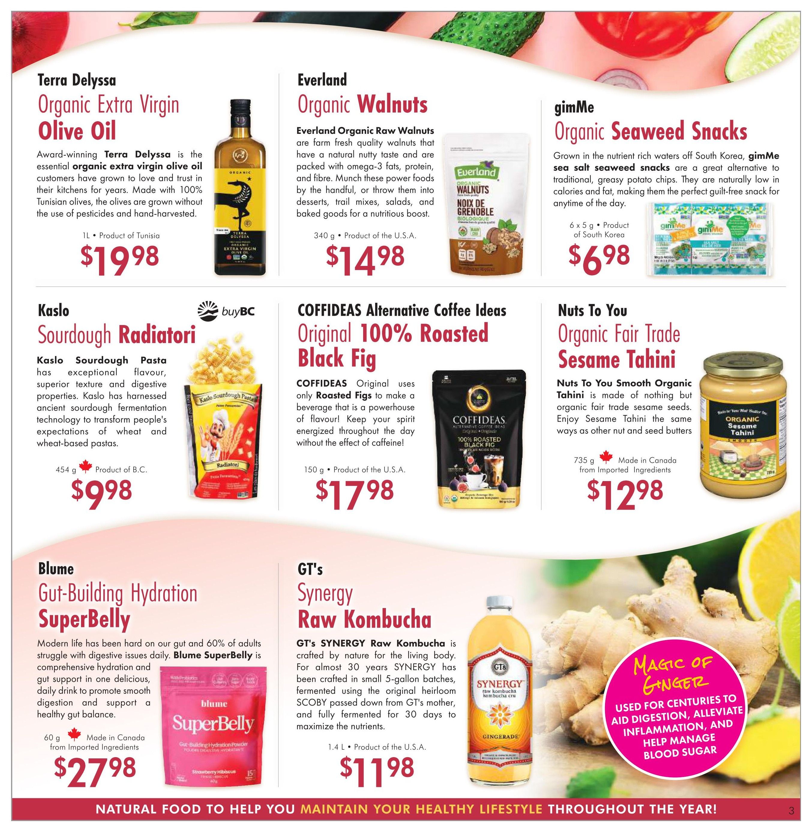 Lifestyle Markets flyer specials page 3 features Terra Delyssa Organic Extra Virgin Olive Oil for $19.98, Everland Organic Walnuts for $14.98, gimMe Organic Seaweed Snacks for $6.98, Kaslo Sourdough Radiatori pasta for $9.98, COFFIDEAS Original 100% Roasted Black Fig coffee alternative for $17.98, Nuts To You Organic Fair Trade Sesame Tahini for $12.98, Blume Gut-Building Hydration SuperBelly for $27.98, and GT's Synergy Raw Kombucha for $11.98. The bottom banner reads: Natural food to help you maintain your healthy lifestyle throughout the year!
