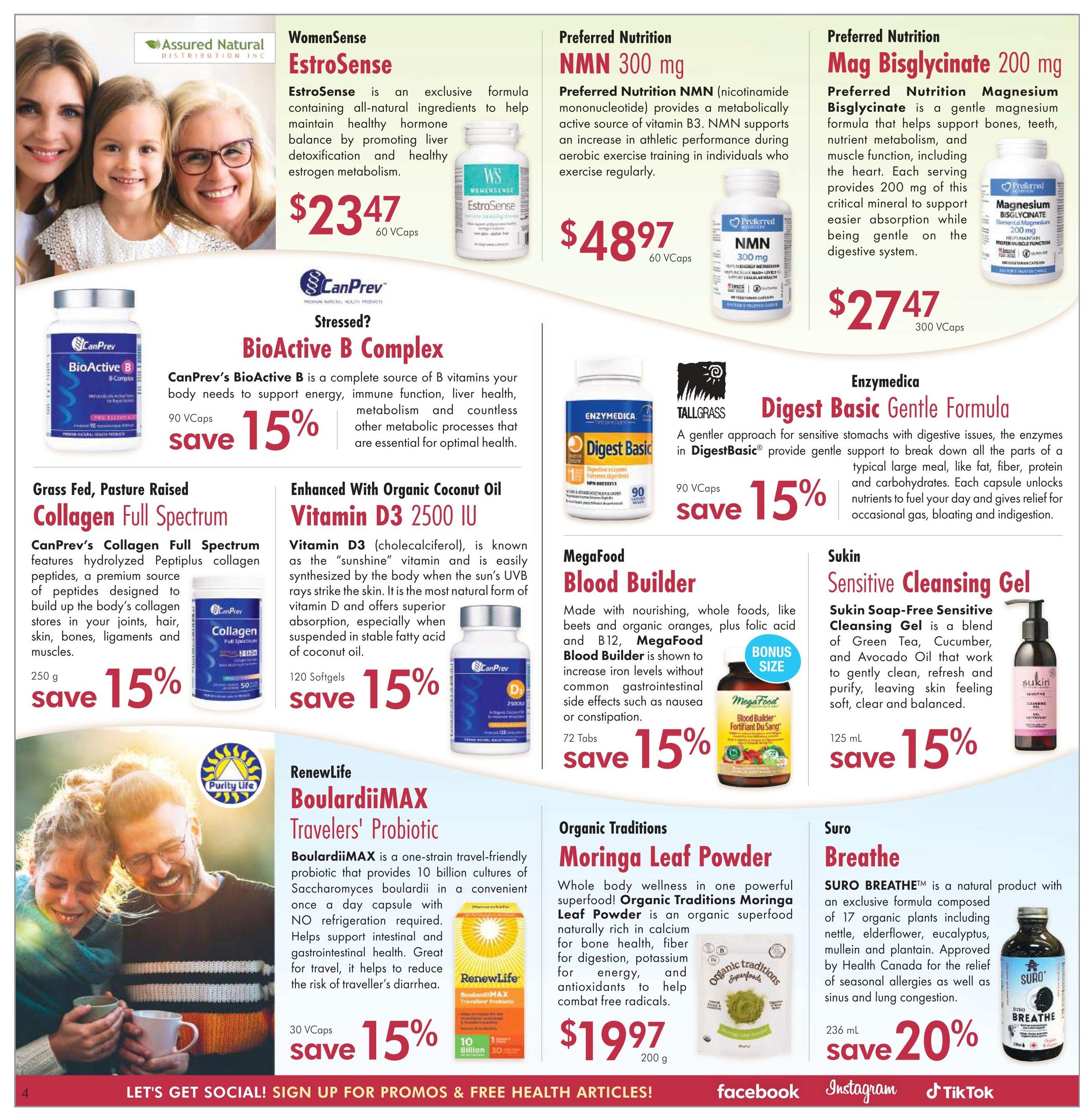 Lifestyle Markets flyer page 4 features various health and wellness products. Top row includes WomenSense EstroSense at $23.47 for 60 Vcaps, Preferred Nutrition NMN 300 mg at $48.97 for 60 Vcaps, and Preferred Nutrition Mag Bisglycinate 200 mg at $27.47 for 300 Vcaps. Middle section highlights CanPrev BioActive B Complex with a 15% saving, CanPrev Collagen Full Spectrum at a 15% saving for 250g, Vitamin D3 2500 IU enhanced with organic coconut oil with a 15% saving for 120 Softgels, Enzymedica Digest Basic Gentle Formula with a 15% saving for 90 Vcaps, MegaFood Blood Builder with a 15% saving for 72 Tabs, and Sukin Sensitive Cleansing Gel 125 mL with a 15% saving. Bottom section features RenewLife BoulardiiMAX Travelers' Probiotic with a 15% saving for 30 Vcaps, Organic Traditions Moringa Leaf Powder for $19.97 for 200g, and Suro Breathe 236 mL with a 20% saving.