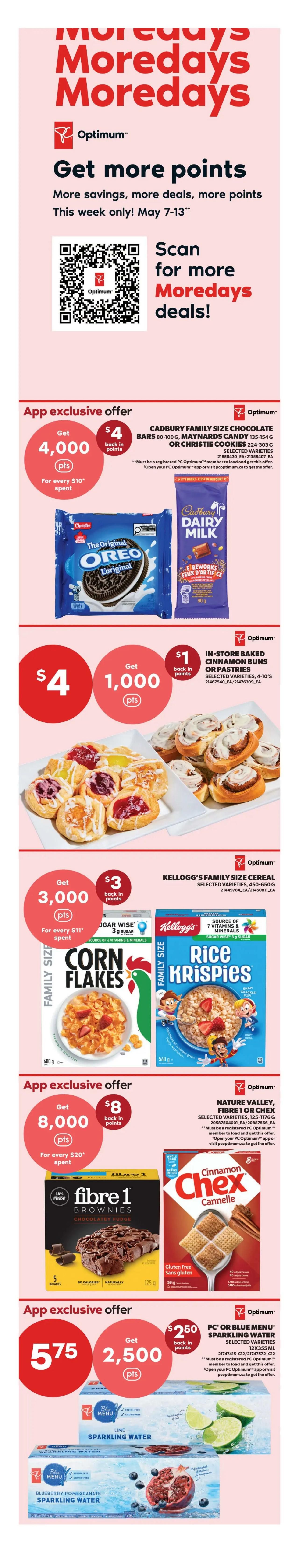 Real Canadian Superstore weekly flyer specials, page 3. Features an app exclusive offer for a Signature Mother's Day Bouquet for $25, with 3,000 PC Optimum points back (requires PC Optimum membership). Also available is an 8-stem tulip bouquet for only $10. Sale items include 8-inch pies in selected varieties for $5.50 each, including Apple Pie and Rhubarb Strawberry Pie. Lindt Excellence or Ghirardelli chocolate bars (50-100g or 138g) are 2 for $10, or $5.99 each. Life at Home candles are up to 50% off, with savings from $5.00 to $10.50, featuring scents like Grenada (Tonka Bean, Suede & Vanilla) and Strawberry Amore.