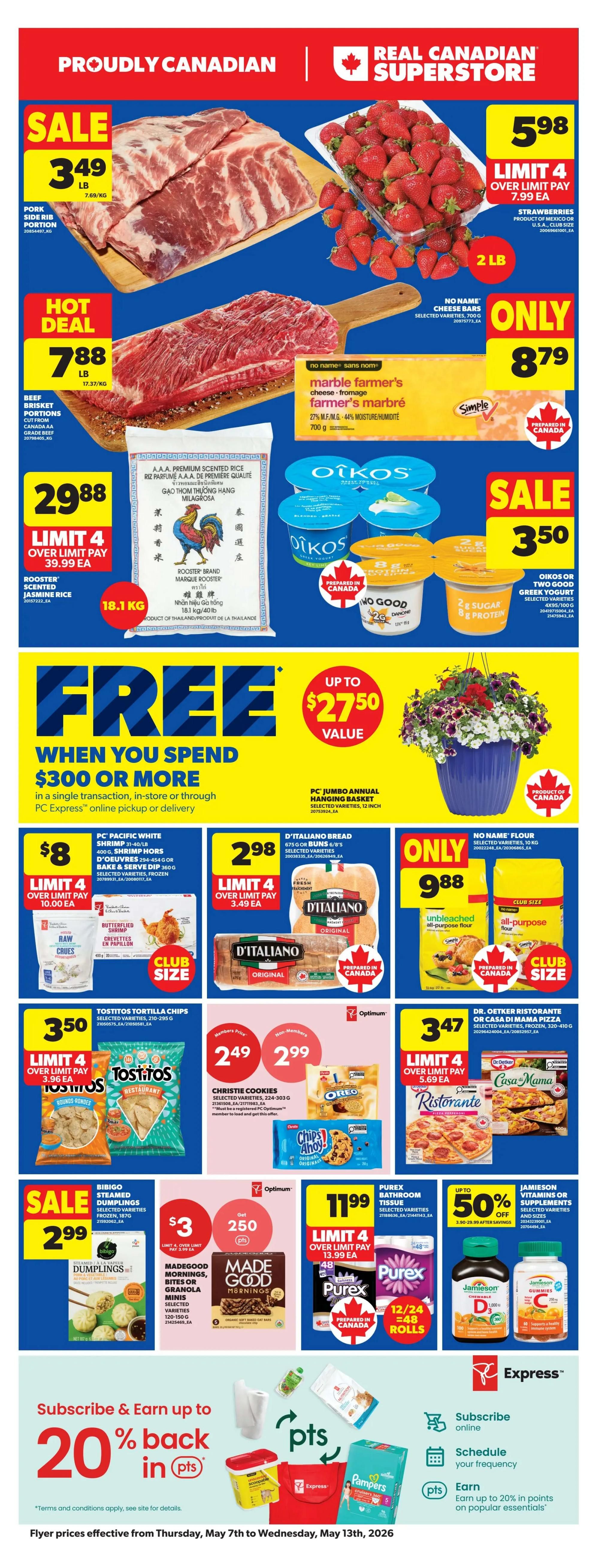Real Canadian Superstore weekly flyer specials page 1 features hot deals. Get 5,000 Optimum points ($5 back in points) when you spend $25 on selected Native body wash, deodorant, or soap. Save up to 30% off PC Grill Tools, with prices ranging from $6.50 to $23.50 after savings. Save up to 30% off PC Batteries, with prices ranging from $2.80 to $22.40 after savings. Blue Buffalo Dry Dog Food, selected varieties, 9.9 kg, is $57 and includes a bonus of 5,000 Optimum points ($5 back in points). Save up to 25% off Catit Cat Accessories, with prices ranging from $2.99 to $57.74 after savings, including the Catit Flower Fountain Mini.