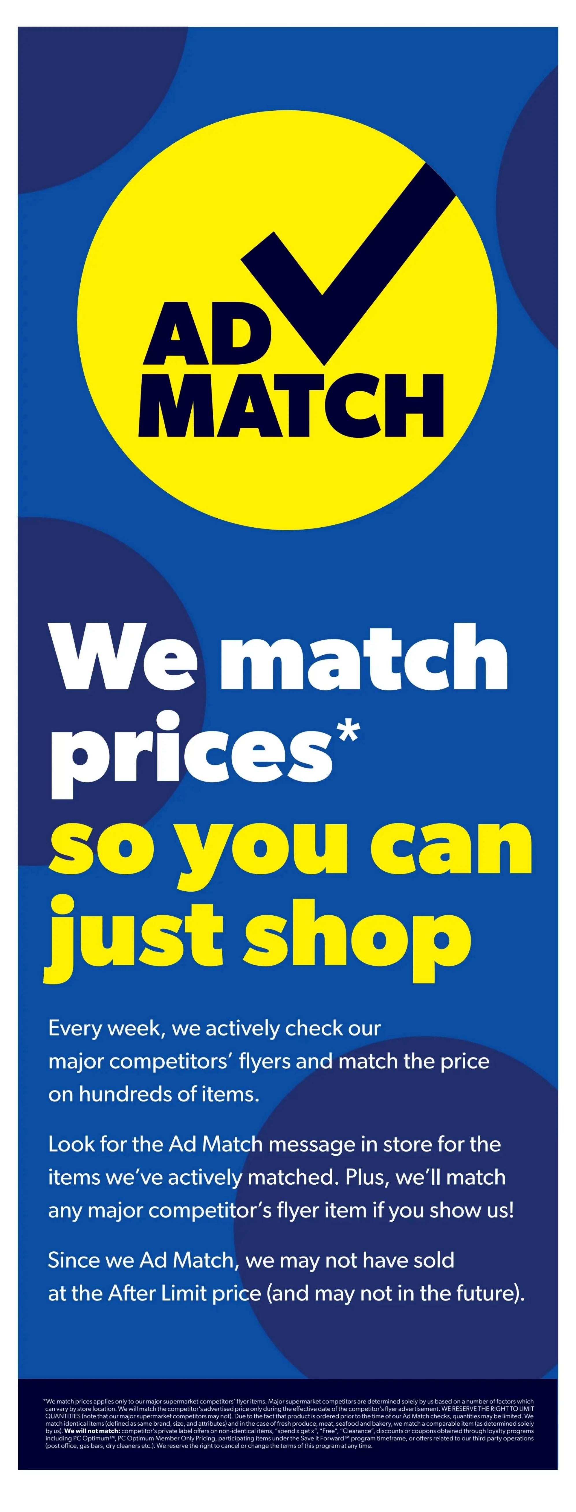 Real Canadian Superstore flyer page 5, featuring the 'Ad Match' program. The page explains that Real Canadian Superstore matches major competitor prices on hundreds of items weekly. Customers can look for the 'Ad Match' message in store and bring in a competitor's flyer for an item they'll match. The page also notes that due to the Ad Match program, some items may not have been sold at the 'After Limit' price. Fine print details the conditions and exclusions of the Ad Match program.