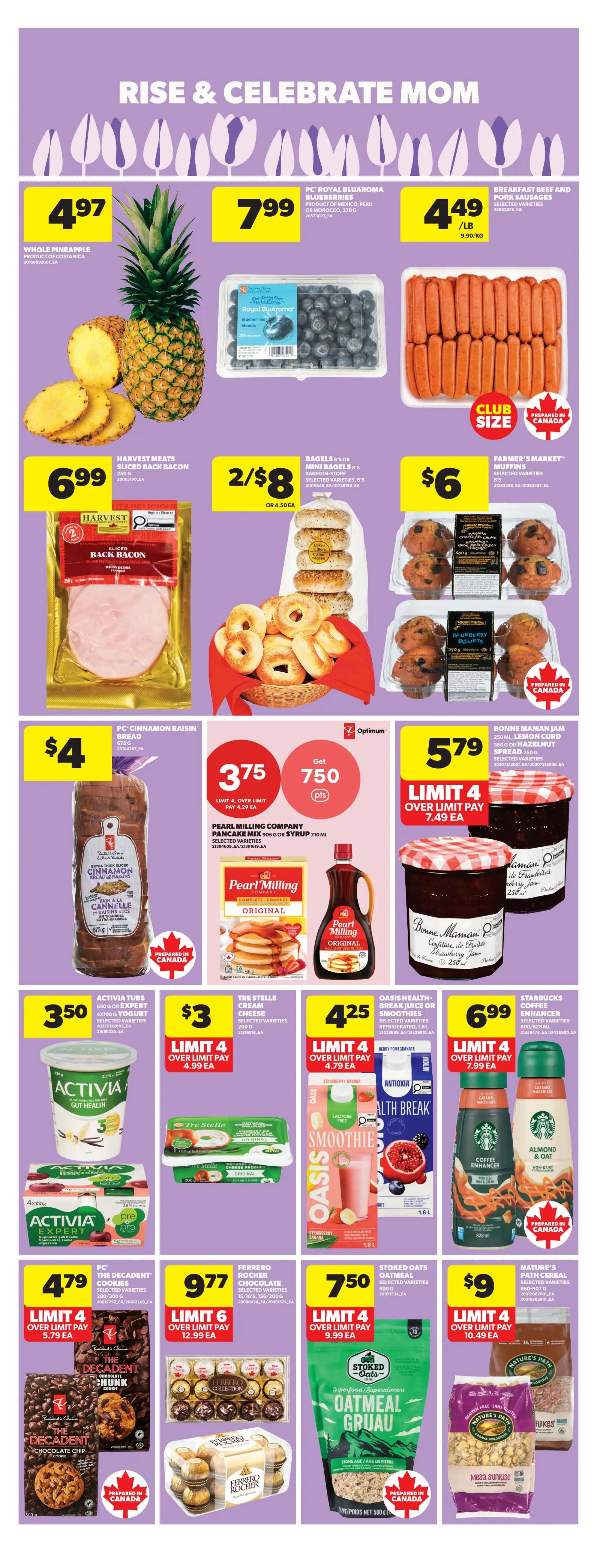 Real Canadian Superstore weekly flyer specials, page 9. Features a 'Rise & Celebrate Mom' theme. On sale: Whole Pineapple for $4.97, PC Royal BluAroma Blueberries for $7.99, and Breakfast Beef and Pork Sausages for $4.49/lb. Also available: Harvest Meats Sliced Back Bacon for $6.99, Bagels or Mini Bagels 2/ $8, and Farmer's Market Muffins for $6. PC Cinnamon Raisin Bread is $4. Pearl Milling Company Pancake Mix is $3.75 and Syrup is $7.50. Bonne Maman Jam is $5.79. Activator Tubs 4x100g Yogurt are $3.50. Tre Stelle Cream Cheese is $3. Oasis Health Break Smoothies are $4.25. Starbucks Coffee Enhancer is $6.99. PC The Decadent Cookies are $4.79. Ferrero Rocher Chocolate is $9.77. Stoked Oats Oatmeal is $7.50. Nature's Path Cereal is $9.