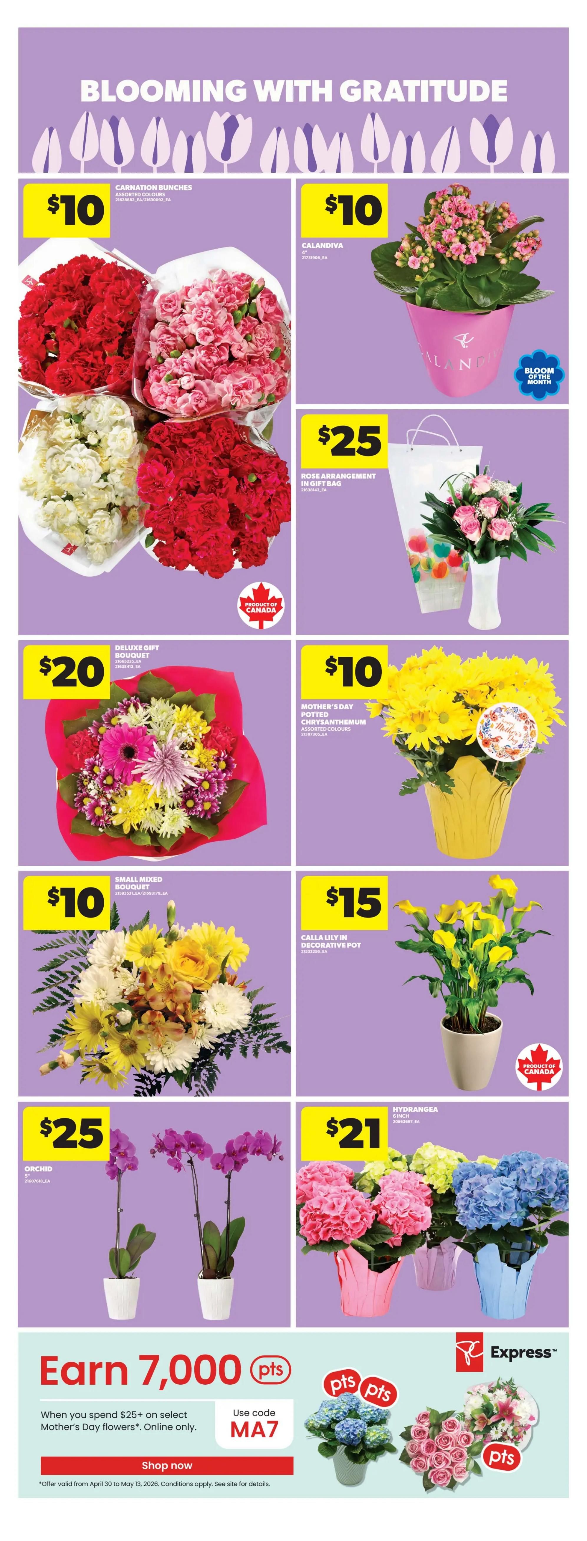 Real Canadian Superstore weekly flyer specials page 10, featuring Mother's Day floral arrangements. Offers include Carnation Bunches in assorted colours for $10, Calandiva for $10, a Rose Arrangement in a gift bag for $25, a Deluxe Gift Bouquet for $20, Mother's Day Potted Chrysanthemum in assorted colours for $10, a Small Mixed Bouquet for $10, Calla Lily in a decorative pot for $15, and Orchids for $25. Also available are Hydrangeas for $21. The flyer highlights an offer to Earn 7,000 PC Optimum points when you spend $25+ on select Mother's Day flowers online, using code MA7. Offer valid from April 30 to May 13, 2026.