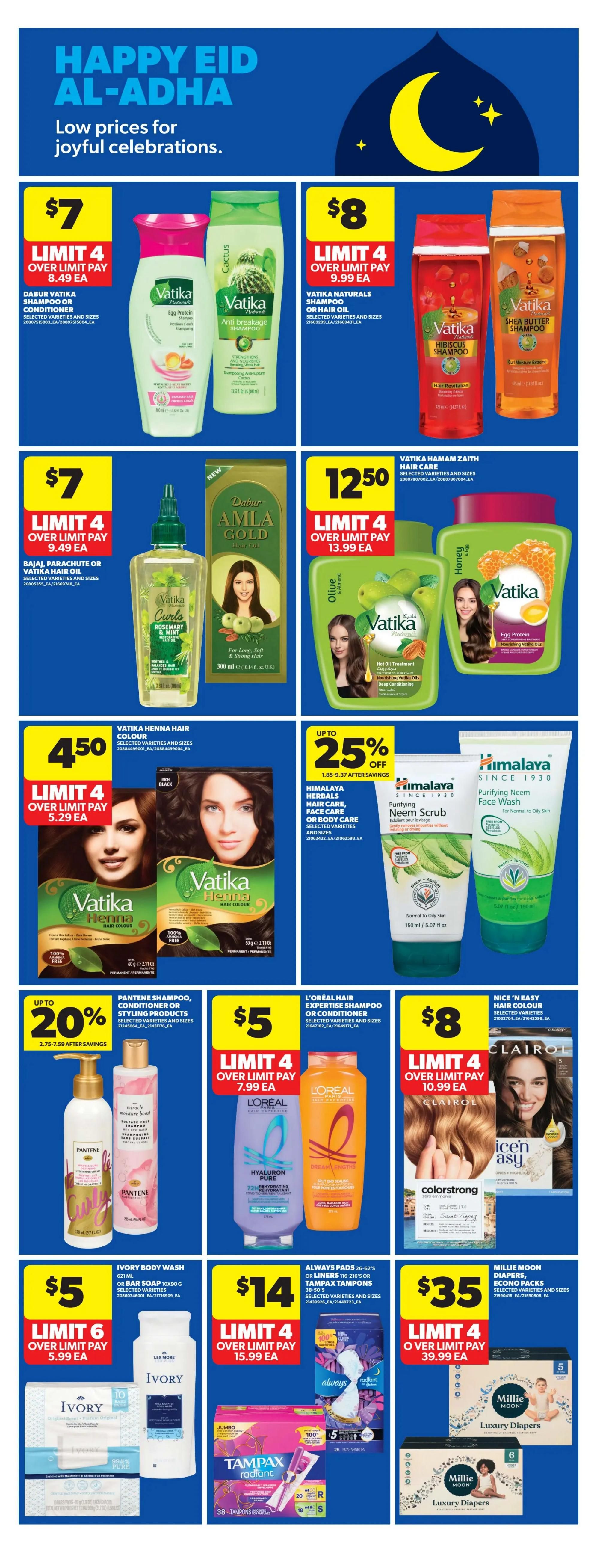 Happy Eid Al-Adha sale at Real Canadian Superstore with low prices for joyful celebrations. Featured products include Dabur Vatika Shampoo or Conditioner for $7 (limit 4), Vatika Naturals Shampoo or Hair Oil for $8 (limit 4), Dabur Amla Gold Hair Oil for $12.50 (limit 4), Vatika Hamam Zaith Hair Care for $12.50 (limit 4), Vatika Henna Hair Colour for $4.50 (limit 4), Himalaya Herbals Hair Care, Face Care, or Body Care for up to 25% off, Pantene Shampoo, Conditioner or Styling Products for up to 20% off, L'Oréal Hair Expertise Shampoo or Conditioner for $5 (limit 4), Nice 'n Easy Hair Colour for $8 (limit 4), Ivory Body Wash or Bar Soap for $5 (limit 6), Always Pads or Liners or Tampax Tampons for $14 (limit 4), and Millie Moon Luxury Diapers Econo Packs for $35 (limit 4).