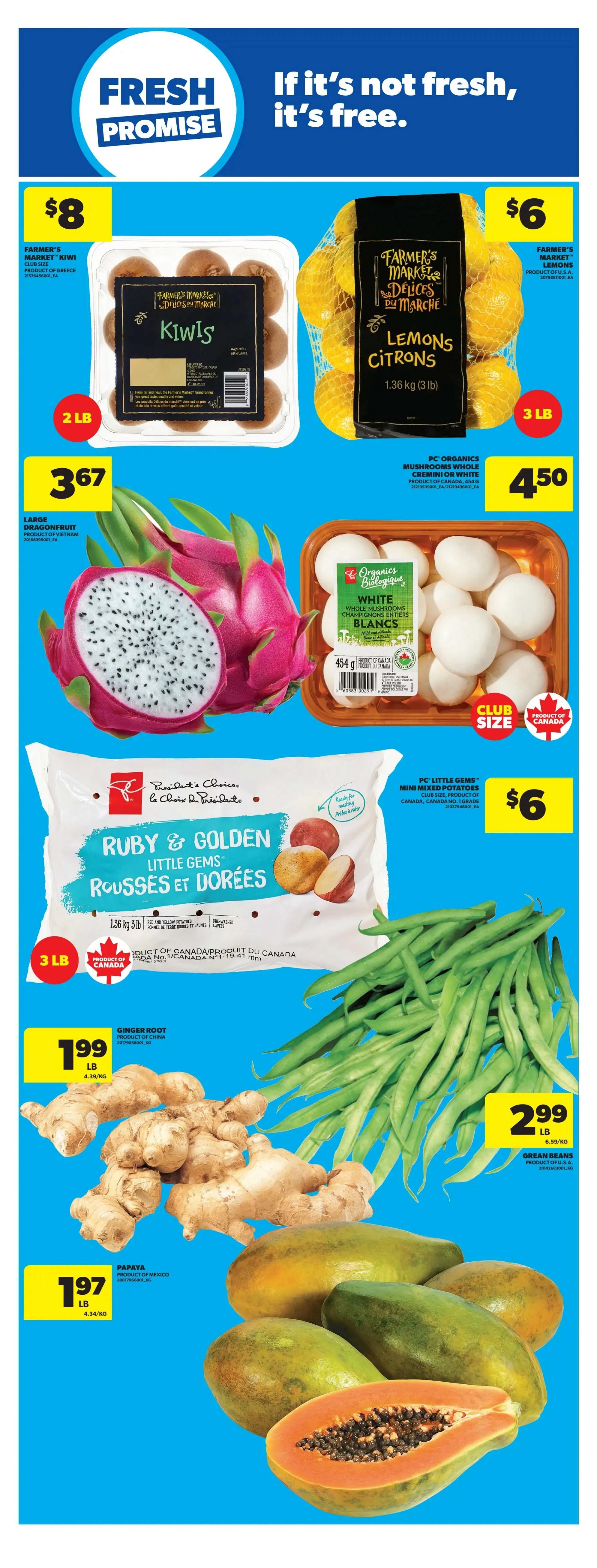 Real Canadian Superstore flyer page 27 featuring fresh produce. Farmer's Market Kiwis are $8 for a 2 lb container. Farmer's Market Lemons are $6 for a 3 lb bag. Large Dragonfruit from Vietnam is $3.67 each. PC Organics White Mushrooms, club size, are $4.50 for 454g. President's Choice Ruby & Golden Little Gems potatoes are $6 for a 3 lb bag. Ginger root from China is $1.99 per lb. Green beans from the U.S.A. are $2.99 per lb. Papayas from Mexico are $1.97 per lb. The flyer highlights a 'Fresh Promise' guarantee: 'If it's not fresh, it's free.'