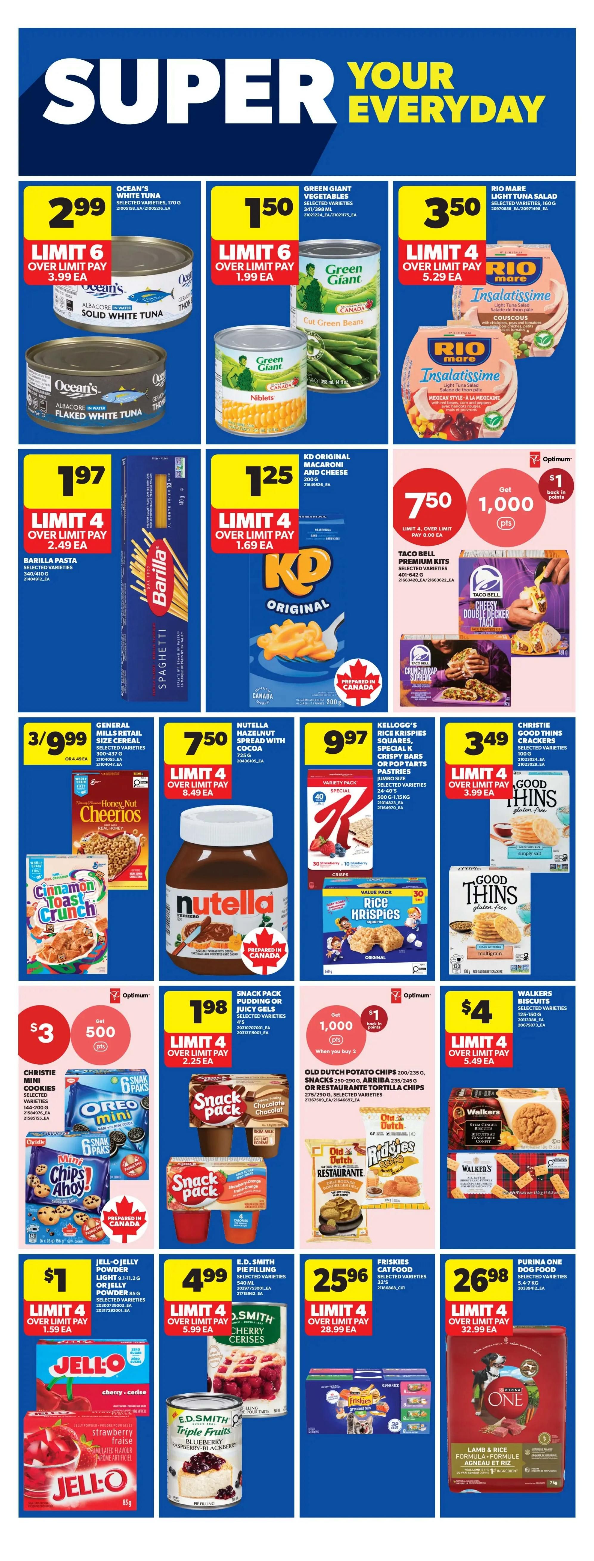 Real Canadian Superstore weekly flyer specials page 35. Featured items include Ocean's Solid White Tuna for $2.99 (limit 6, over limit pay $3.99 ea), Green Giant Cut Green Beans for $1.50 (limit 6, over limit pay $1.99 ea), and Rio Mare Insalatissime Tuna Salad for $3.50 (limit 4, over limit pay $5.29 ea). Also on sale is Barilla Pasta for $1.97 (limit 4, over limit pay $2.49 ea) and KD Original Macaroni and Cheese for $1.25 (limit 4, over limit pay $1.69 ea). Get 1,000 Optimum points when you buy Taco Bell Premium Kits for $7.50 (limit 4, over limit pay $8.00 ea). General Mills Mills Retail Size Cereal is 3 for $9.99 (or $4.49 ea). Nutella Hazelnut Spread with Cocoa is $7.50. Kellogg's Rice Krispies Squares, Special K Crispy Bars or Pop Tarts Pastries are $9.97. Christie Good Thins Crackers are $3.49 (limit 4, over limit pay $3.99 ea). Christie Mini Cookies are $3 (limit 4, over limit pay $3.50 ea) and you get 500 Optimum points. Snack Pack Pudding or Juicy Gels are $1.98 (limit 4, over limit pay $2.25 ea). Old Dutch Potato Chips or Restaurante Tortilla Chips are $1,000 Optimum points back when you buy 2. Walkers Biscuits are $4 (limit 4, over limit pay $5.49 ea). Jell-O Jelly Powder or Jelly Powder is $1 (limit 4, over limit pay $1.59 ea). E.D. Smith Pie Filling is $4.99 (limit 4, over limit pay $5.99 ea). Friskies Cat Food is $25.96 (limit 4, over limit pay $28.99 ea). Purina One Dog Food is $26.98 (limit 4, over limit pay $32.99 ea).