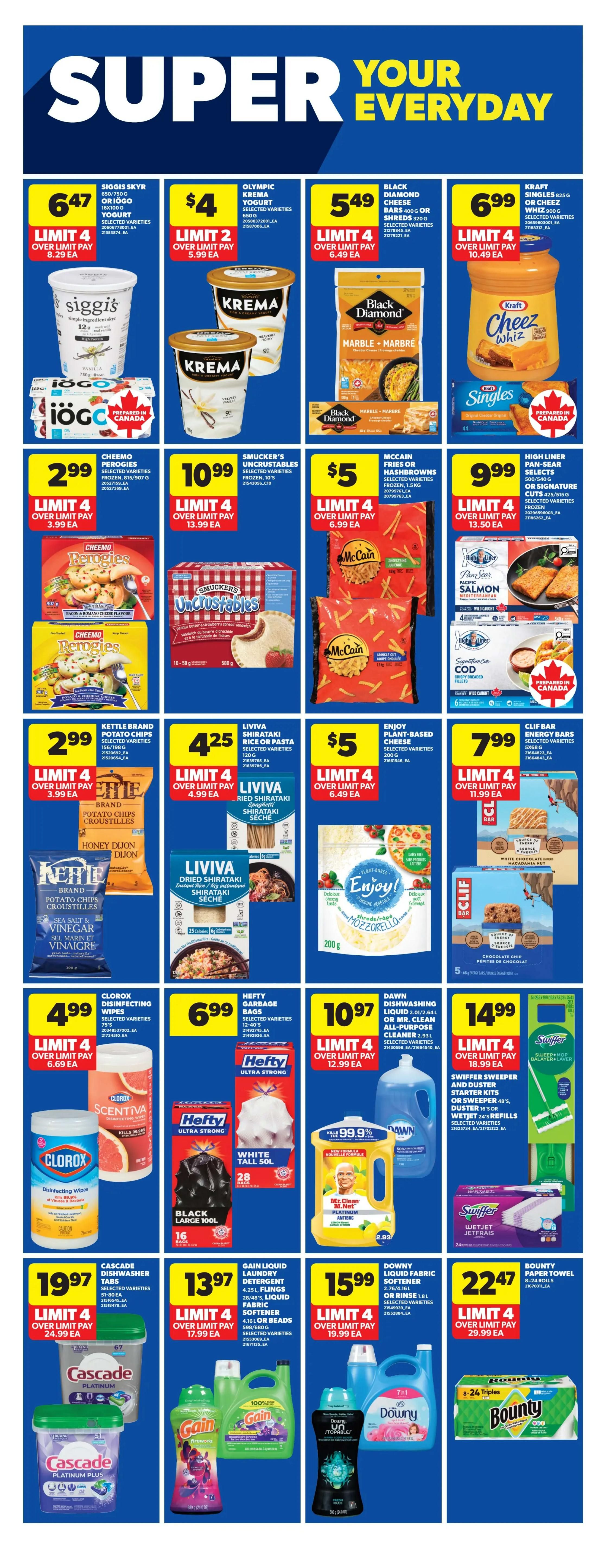 Real Canadian Superstore weekly flyer specials page 36 features a variety of grocery and household items. Top deals include Siggis Skyr yogurt for $6.47, Olympic Kreme yogurt for $4, and Black Diamond cheese singles for $5.49. Smucker's Uncrustables are $10.99, and McCain fries or hashbrowns are $5. High Liner pan-sear selects salmon or cod are $9.99. Kettle Brand potato chips are $2.99. Liviva shirataki rice or pasta is $4.25. Enjoy plant-based cheese is $5. Clif Bar energy bars are $7.99. Clorox disinfecting wipes are $4.99. Hefty garbage bags are $6.99. Dawn dishwashing liquid is $10.97. Swiffer sweeper and duster starter kits or wetjet refills are $14.99. Cascade dishwasher tabs are $19.97. Gain liquid laundry detergent is $13.97. Downy liquid fabric softener or rinse is $15.99. Bounty paper towels are $22.47.