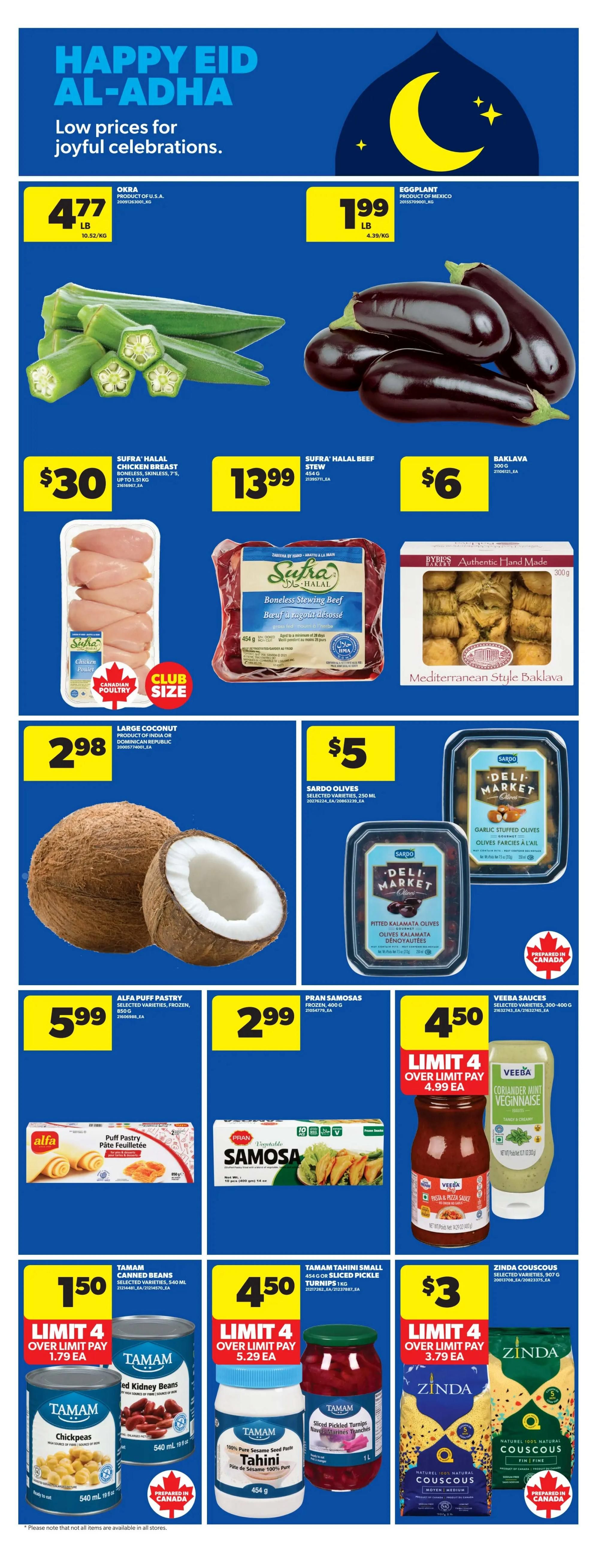Real Canadian Superstore weekly flyer specials page 37, featuring 'Happy Eid Al-Adha' low prices. Offers include Okra at $4.77/lb, Eggplant at $1.99/lb, Sufra Halal Chicken Breast (boneless, skinless, 7's) for $30, Sufra Halal Beef Stew (454g) for $13.99, and Barilla pasta at $6. Also featured are Large Coconuts for $2.98, Sardo Deli Market Pitted Kalamata Olives for $5, Alfa Puff Pastry (frozen, 500g) for $5.99, Pran Samosas (frozen, 400g) for $2.99, and Veeba Sauces (selected varieties, 300-400g) for $4.50 with a limit of 4 over limit pay $4.99 each. Tamam Canned Beans (selected varieties, 540ml) are $1.50 with a limit of 4 over limit pay $1.79 each, and Tamam Tahini Small (454g) or Sliced Pickled Turnips (1kg) are $4.50 with a limit of 4 over limit pay $5.29 each. Zinda Couscous (selected varieties, 907g) is $3 with a limit of 4 over limit pay $3.79 each. Byblos Authentic Hand Made Mediterranean Style Baklava (300g) is $6.