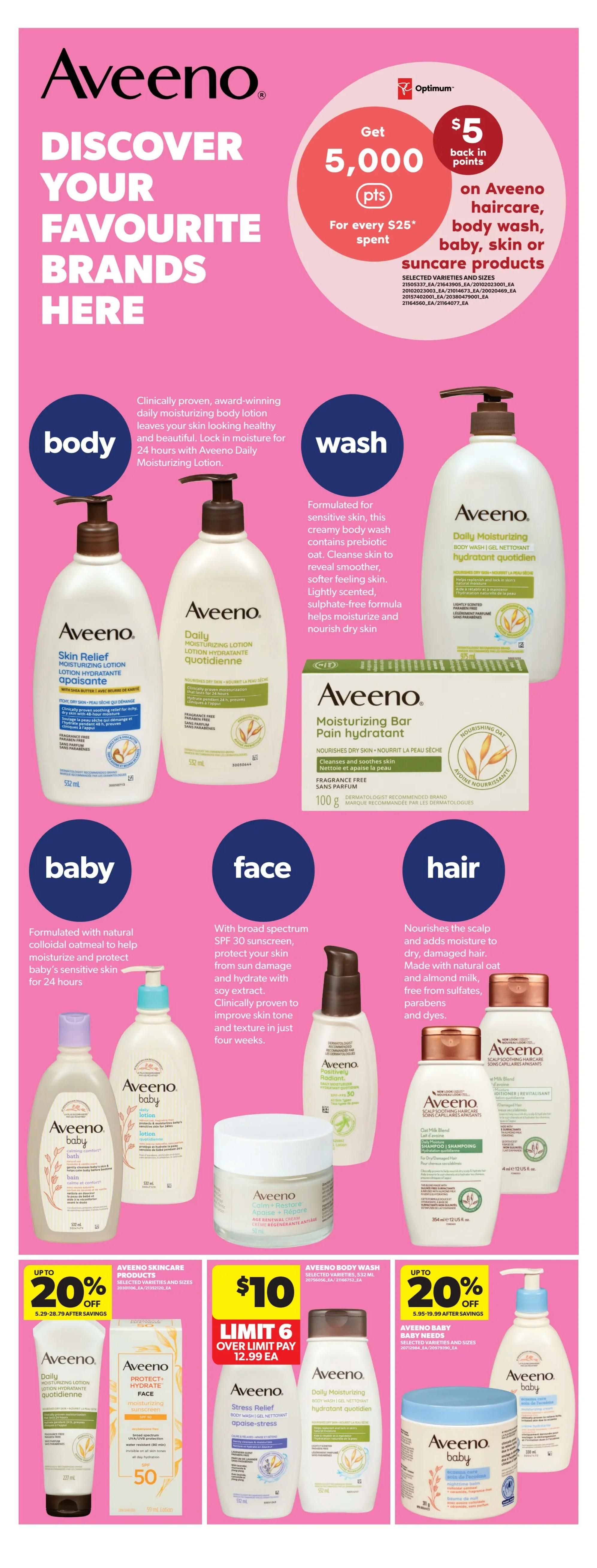 Real Canadian Superstore flyer page 41 features Aveeno products with a special offer: Get 5,000 Optimum points back in points for every $25 spent on Aveeno haircare, body wash, baby, skin or suncare products. The page is divided into sections: Body, Wash, Baby, Face, and Hair. Featured body products include Aveeno Skin Relief Moisturizing Lotion and Aveeno Daily Moisturizing Lotion, both 532 mL. The wash section highlights Aveeno Daily Moisturizing Body Wash and Aveeno Moisturizing Bar for Pain Relief (100g). For baby, Aveeno Baby Lotion and Aveeno Baby Bath are shown. The face section includes Aveeno Positively Radiant SPF 30 Moisturizing Lotion. The hair section displays Aveeno Scalp Soothing Haircare Shampoo and Conditioner. Additionally, there are special offers: Up to 20% off Aveeno Skincare Products, including Daily Moisturizing Lotion and Protect + Hydrate Face Moisturizing Sunscreen SPF 50. Aveeno Body Wash products are available for $10, limit 6, over limit pay $12.99 each, featuring Aveeno Stress Relief Body Wash and Daily Moisturizing Body Wash. Finally, Aveeno Baby Needs are also featured with up to 20% off, including Aveeno Baby Lotion and Aveeno Baby Soothing Bath Treatment.