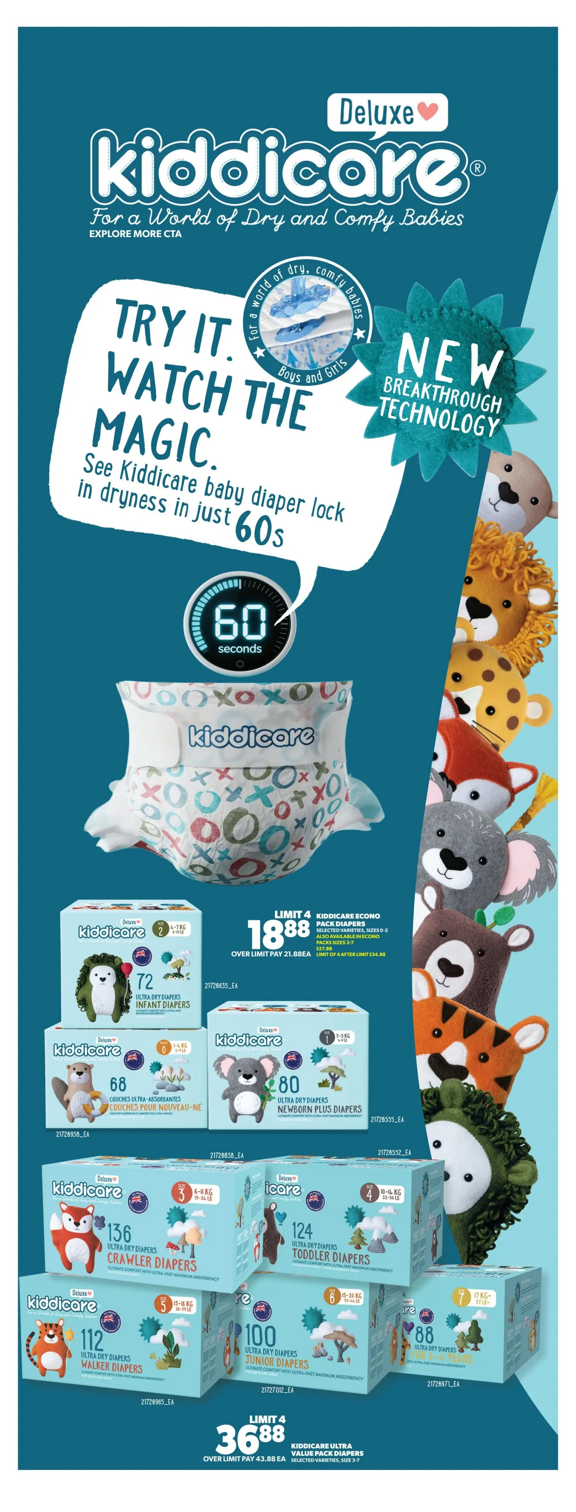 Real Canadian Superstore weekly flyer specials, page 42. Features Kiddicare Deluxe baby diapers with new breakthrough technology that locks in dryness in just 60 seconds. Offers include Kiddicare Econo Pack Diapers for $18.88 (limit 4), with over limit pay of $21.88EA. Also available are Kiddicare Ultra Dry Diapers in various sizes: Infant Diapers (72 count) for $13.68, Newborn Plus Diapers (80 count) for $28.88, Crawler Diapers (136 count) for $36.88, Toddler Diapers (124 count) for $36.88, Walker Diapers (112 count) for $11.28, and Junior Diapers (100 count) for $36.88. Additionally, Kiddicare Ultra Value Pack Diapers are on sale for $36.88 (limit 4), with over limit pay of $43.88EA. The page also displays plush animal toys.