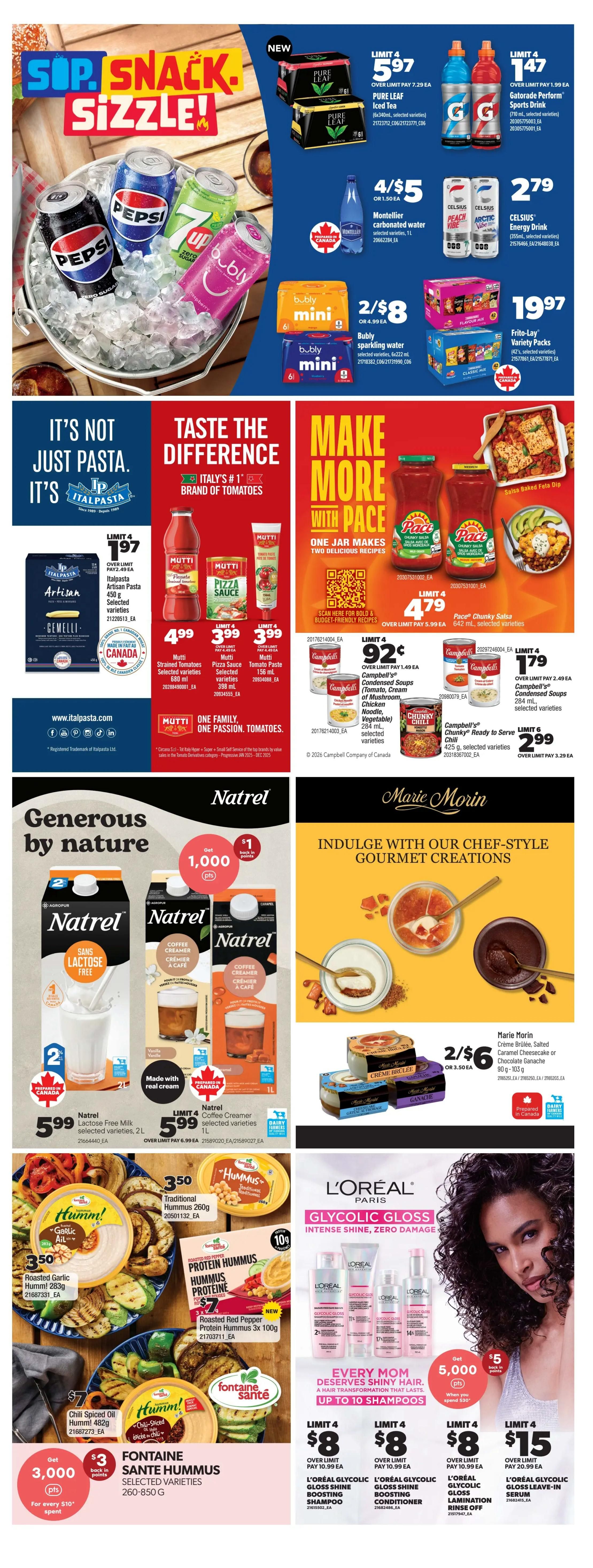 Real Canadian Superstore weekly flyer specials page 48 features a variety of food and beverage deals. Top section highlights 'Sup, Snack, Sizzle!' with Pepsi, 7UP, and Bubly drinks. Offers include Pure Leaf Iced Tea for $5.97, Montellier carbonated water 4/$5, and Celsius Energy Drink for $2.79. Also featured are Bubly sparkling water 2/$8 and Frito-Lay Variety Packs for $19.97. The 'Taste the Difference' section showcases Mutti tomatoes with Mutti Artisan Pasta Gemelli for $1.97, Mutti Strained Tomatoes for $4.99, Mutti Pizza Sauce for $3.99, and Mutti Tomato Paste for $3.99. The 'Make More with Pace' section offers Pace Chunky Salsa for $4.79, Campbell's Condensed Soups for $0.92, and Campbell's Chunky Ready to Serve Chili for $2.99. The 'Generous by nature' section promotes Natrel products, with Natrel Lactose Free Milk 2L for $5.99 and Natrel Coffee Creamer 1L for $5.99, with a bonus of 1,000 points back when spending $10. The 'Indulge with our Chef-Style Gourmet Creations' section features Marie Morin Crème Brûlée, Salted Caramel Cheesecake, or Chocolate Ganache for 2/$6. The bottom section highlights Hummus products, including Roasted Garlic Hummus for $3.50, Chili Spiced Oil Hummus for $7, and a new Roasted Red Pepper Protein Hummus 3-pack for $7. Fontaine Santé Hummus is also available for $3 with 3,000 bonus points back for every $10 spent. Finally, the L'Oréal Paris Glycolic Gloss line is featured with various products like shampoo, conditioner, and serum, with a promotion offering 5,000 bonus points when you spend $30 on L'Oréal products.