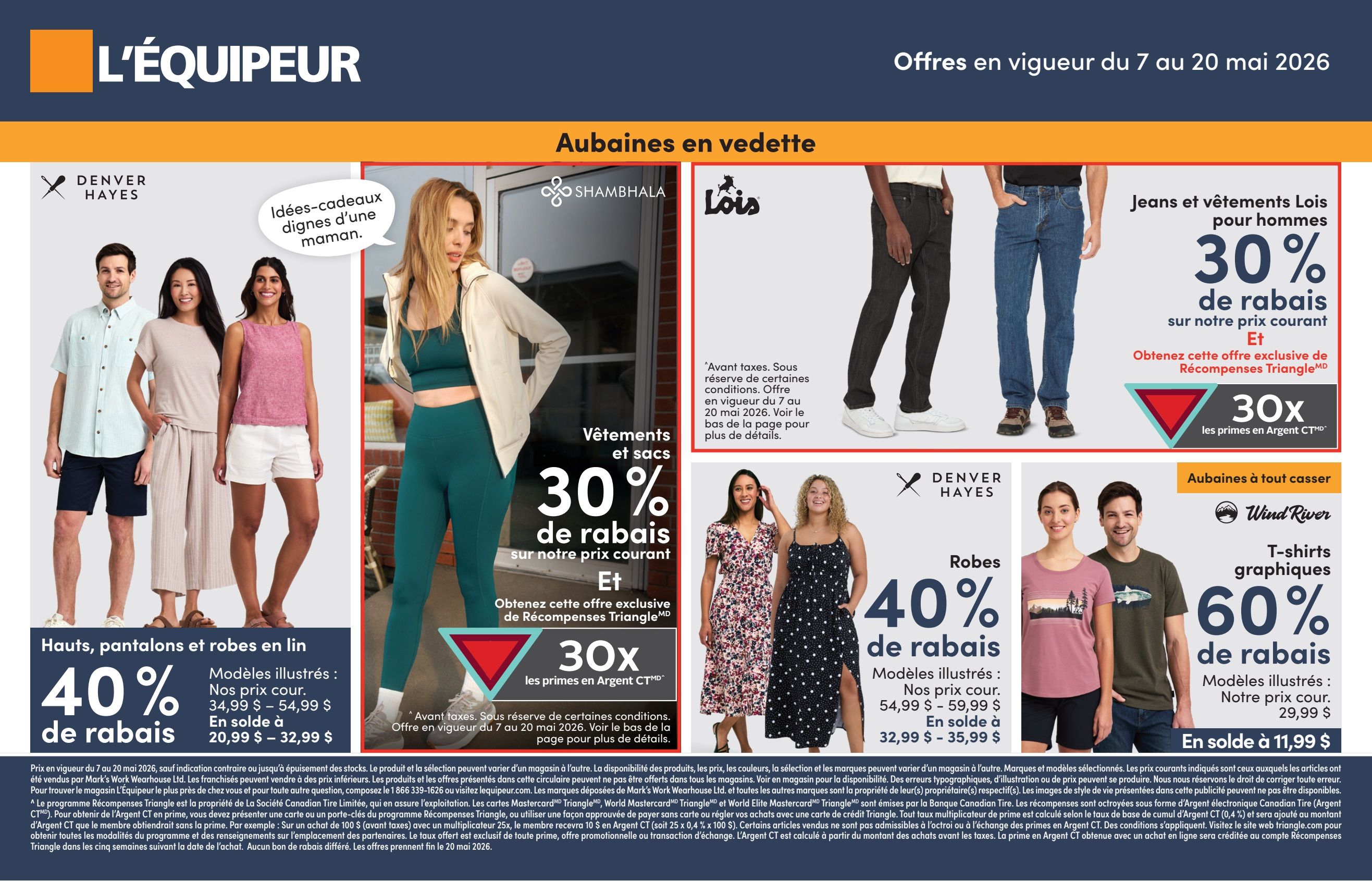 Mark's flyer page 2 features 'Featured Savings'. Top section showcases Denver Hayes tops, pants, and dresses with 40% off, with illustrated models priced from $34.99 to $54.99, now on sale for $20.99 to $32.99. Also featured are Lois jeans and apparel for men, offering 30% off current prices, plus an exclusive offer of 30x Triangle Rewards points in Argent CT. The bottom section highlights Denver Hayes dresses with 40% off, models priced from $54.99 to $59.99, on sale for $32.99 to $35.99. Wind River graphic t-shirts are 60% off, with current prices not listed, on sale for $11.99. All prices are before taxes and subject to certain conditions, valid from May 7 to May 20, 2026.