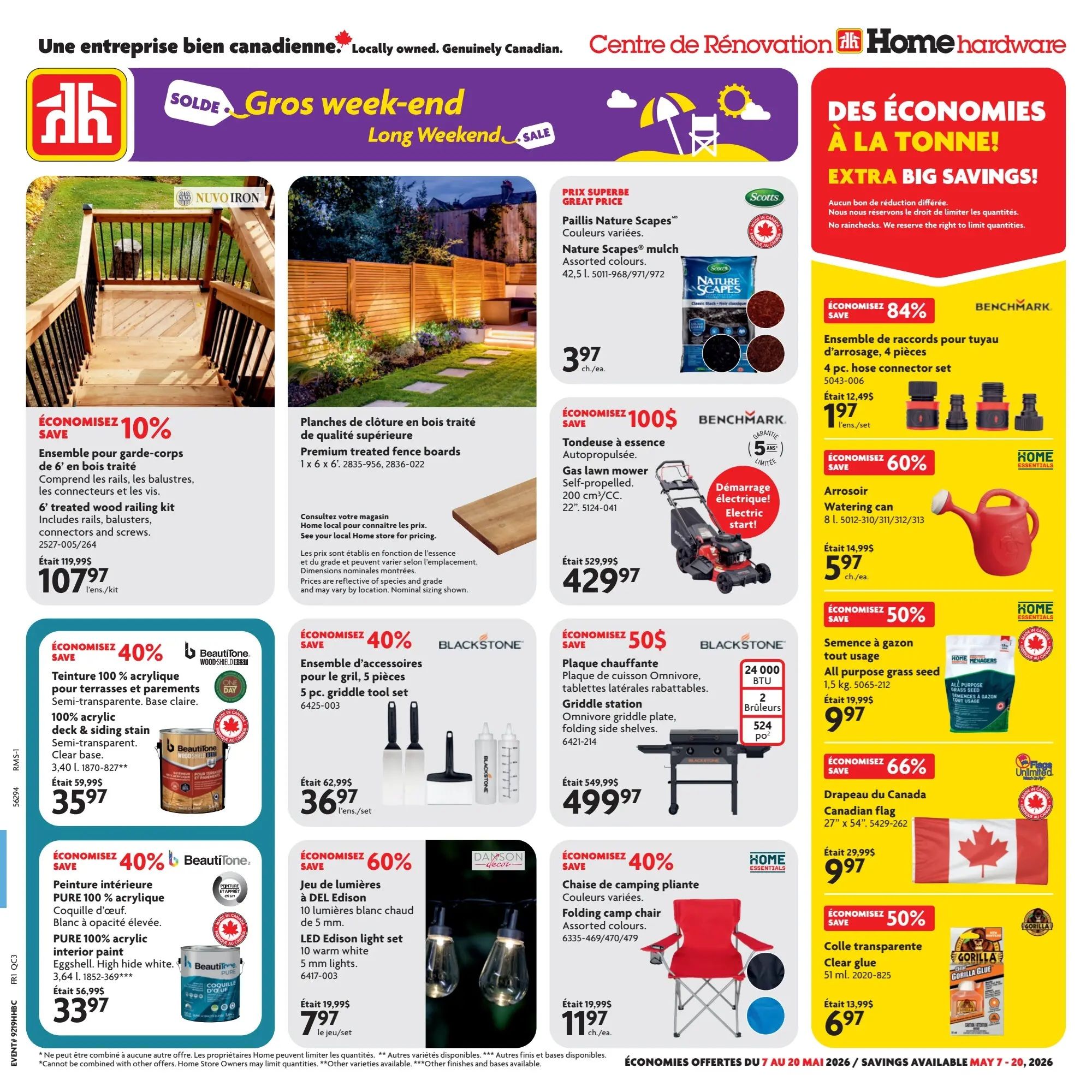 Home Hardware flyer page 1 features a 'Long Weekend Sale' with 'Extra Big Savings'. Featured products include Nature Scapes mulch for $3.97/ea., a 6' treated wood railing kit for $107.97 (save 10%), Beautitone 100% acrylic deck & siding stain for $35.97, Beautitone PURE 100% acrylic interior paint for $33.97, a 4 pc. hose connector set for $1.97 (save 84%), a self-propelled gas lawn mower for $429.97 (save $100), a Blackstone 5 pc. griddle tool set for $36.97 (save 40%), a Blackstone Omnivore griddle station for $499.97 (save 50%), a DEL Edison 10 warm white LED light set for $7.97 (save 60%), a watering can for $5.97 (save 60%), a Canadian flag for $9.97 (save 66%), all-purpose grass seed for $9.97 (save 50%), and Gorilla clear glue for $6.97 (save 50%). Savings are valid from May 7 to May 20, 2026.